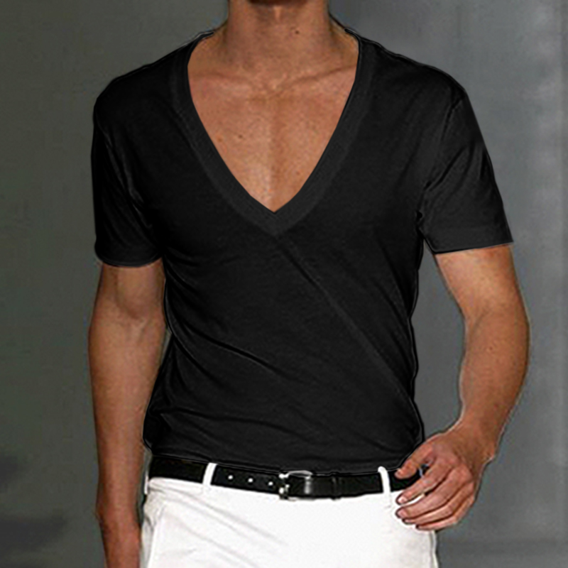T-shirt basique blanc à manches courtes et col en V profond en coton pour homme