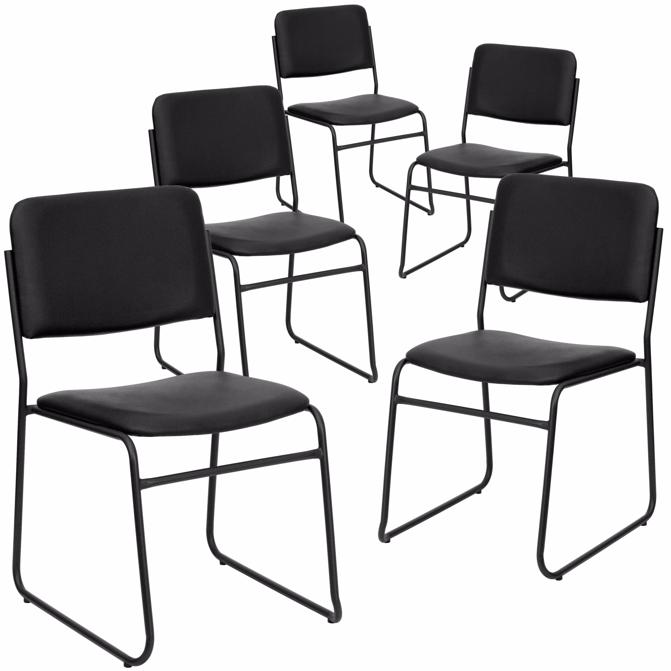 Hercules Series Adult High-Density Vinyl Sled Base Stack Chairs, Set of 5, Black(Black Vinyl/Black Frame)