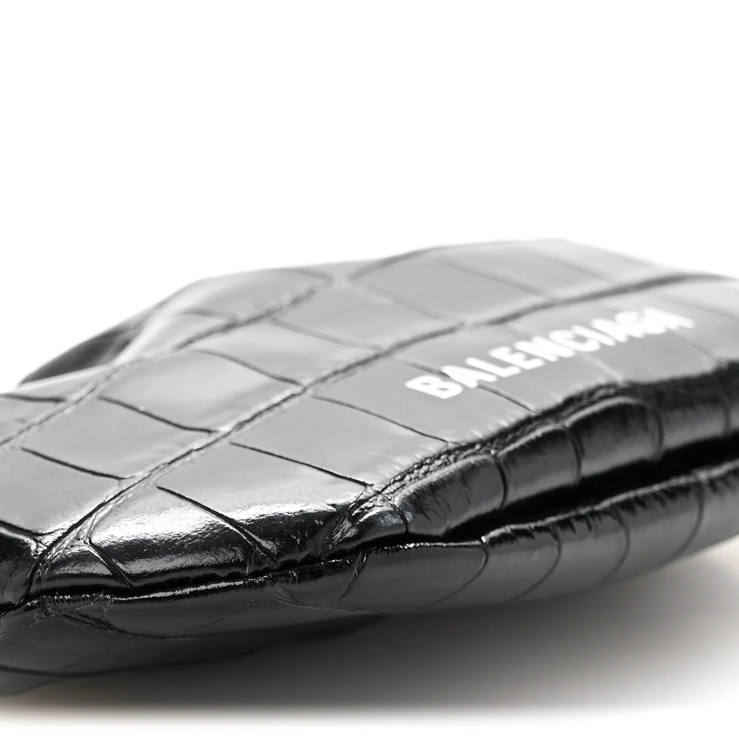 Shiny Supple Calfskin Logo Crocodile Embossed Cloud Coin Purse Black White