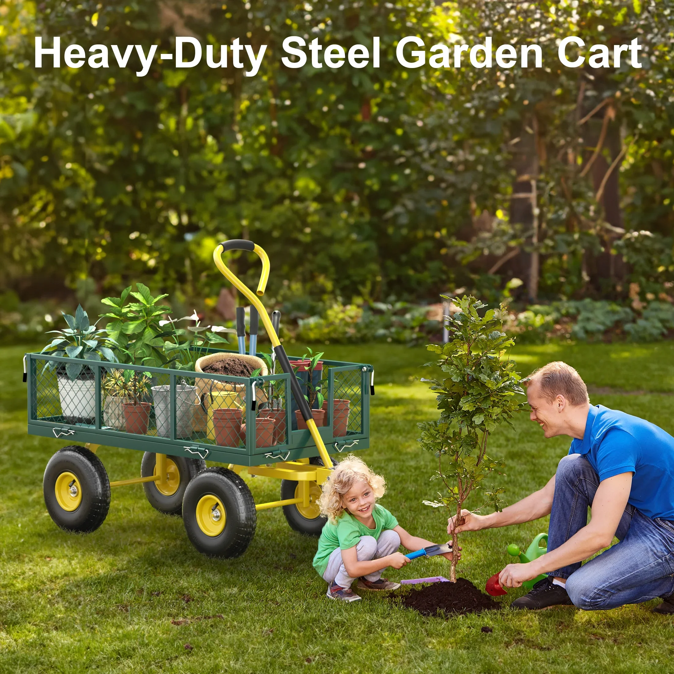 Firstness Heavy Duty Garden Cart, 900 lbs Capacity Garden Wagon with Removable Sides, Black