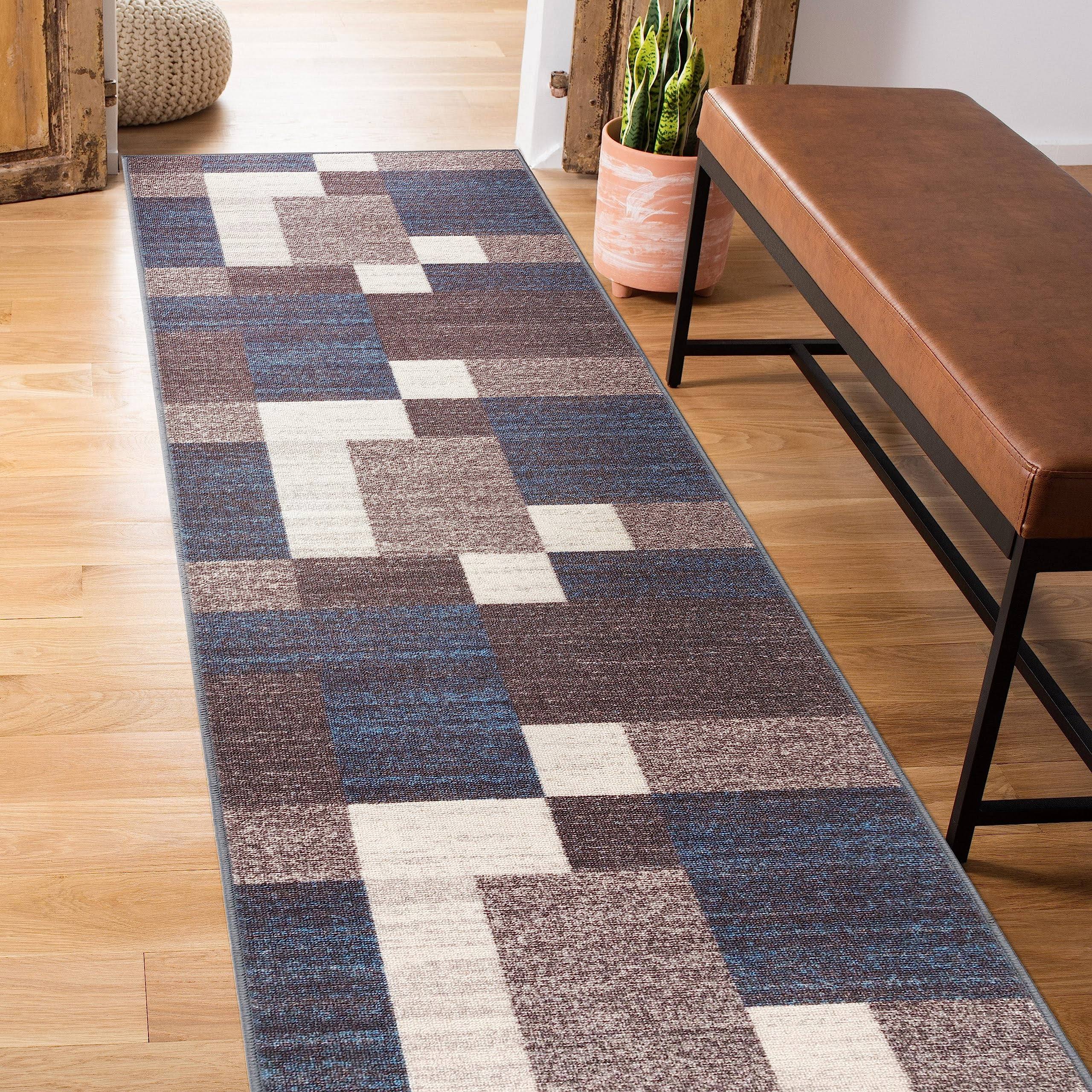 World Rug Gallery Modern Boxes Design Non-Slip (Non-Skid) Area Rug - 2' x 7' Runner - Blue