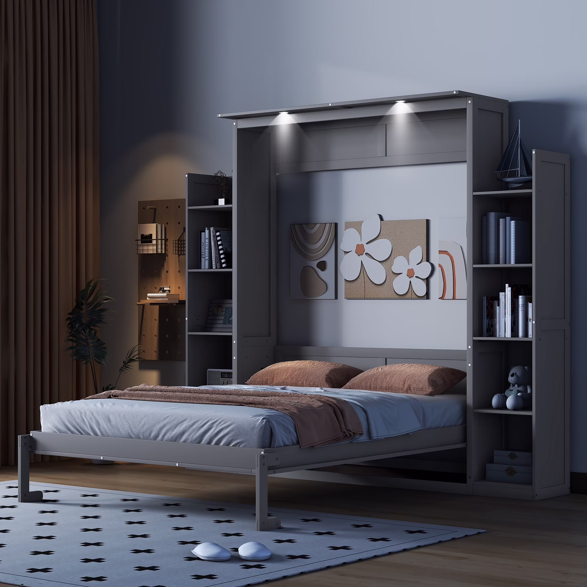 Aukfa Queen Size Murphy Bed with 5 - Tier Storage Shelf & LED Lights, Foldable Wall Bed Cabinet with Mattress Support, Space - Saving Design for Guest Room/Home Office, Gray