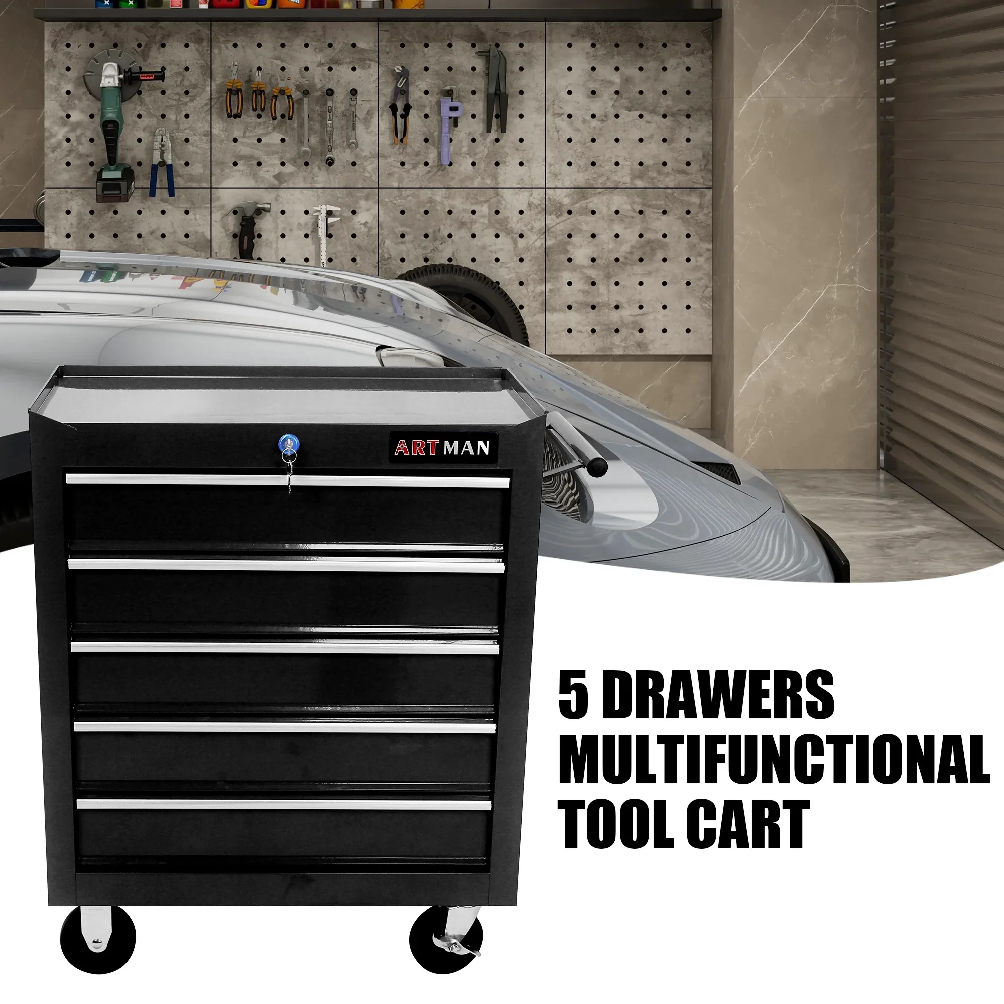 Witaxima 5-Drawer Tool Chest with Wheels & Lock, 24.25x12.99x29.33in Black Metal Tool Storage Cabinet for Garage Workshop, Heavy-Duty Rolling Tool Cart