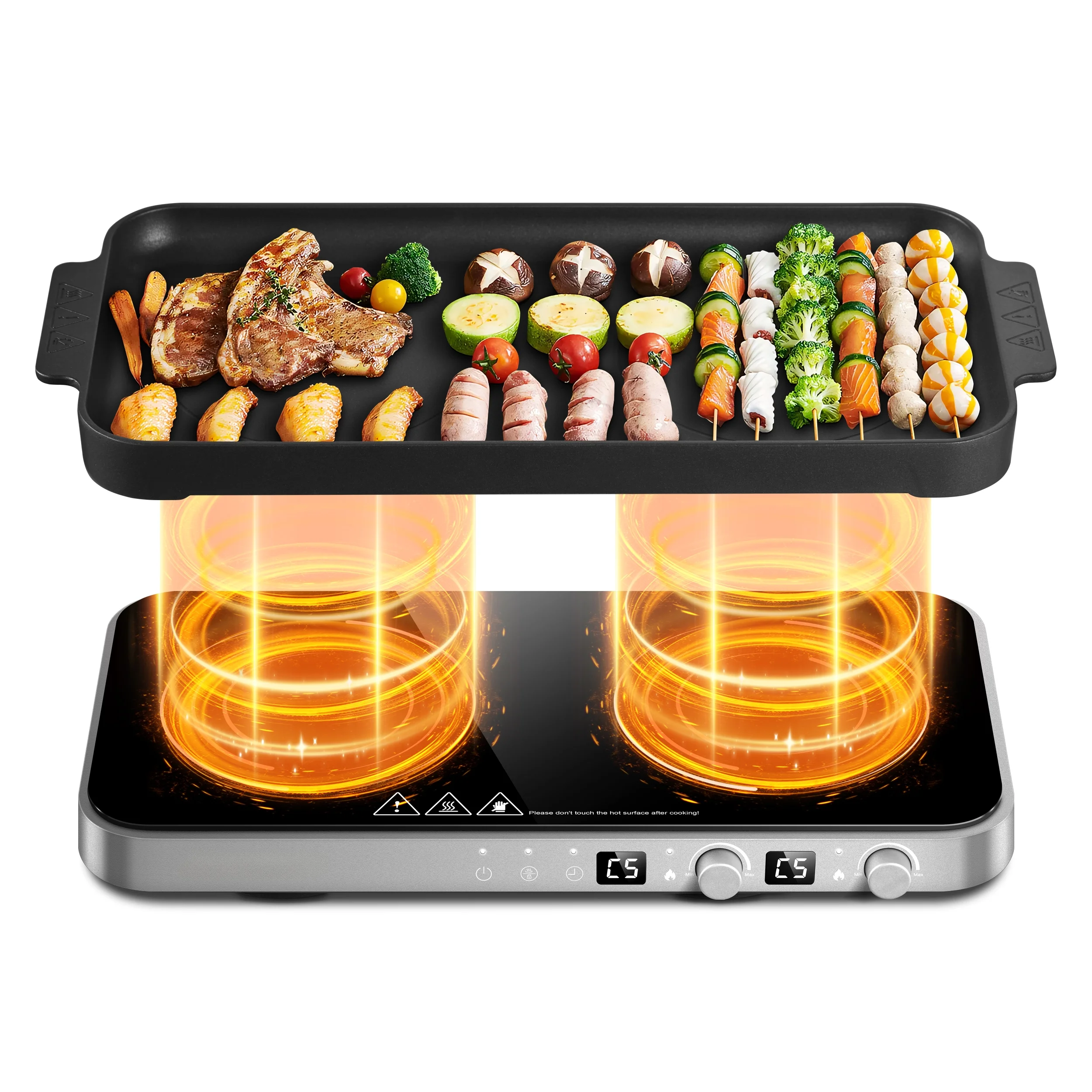 Sunmaki Portable Double Induction Cooktop with Removable Griddle Pan Non - Stick, 1800W 2 Burner Induction Hot Plate with Sensor Touch 9 Power Levels, 99 Min Timer, Great for Family Party