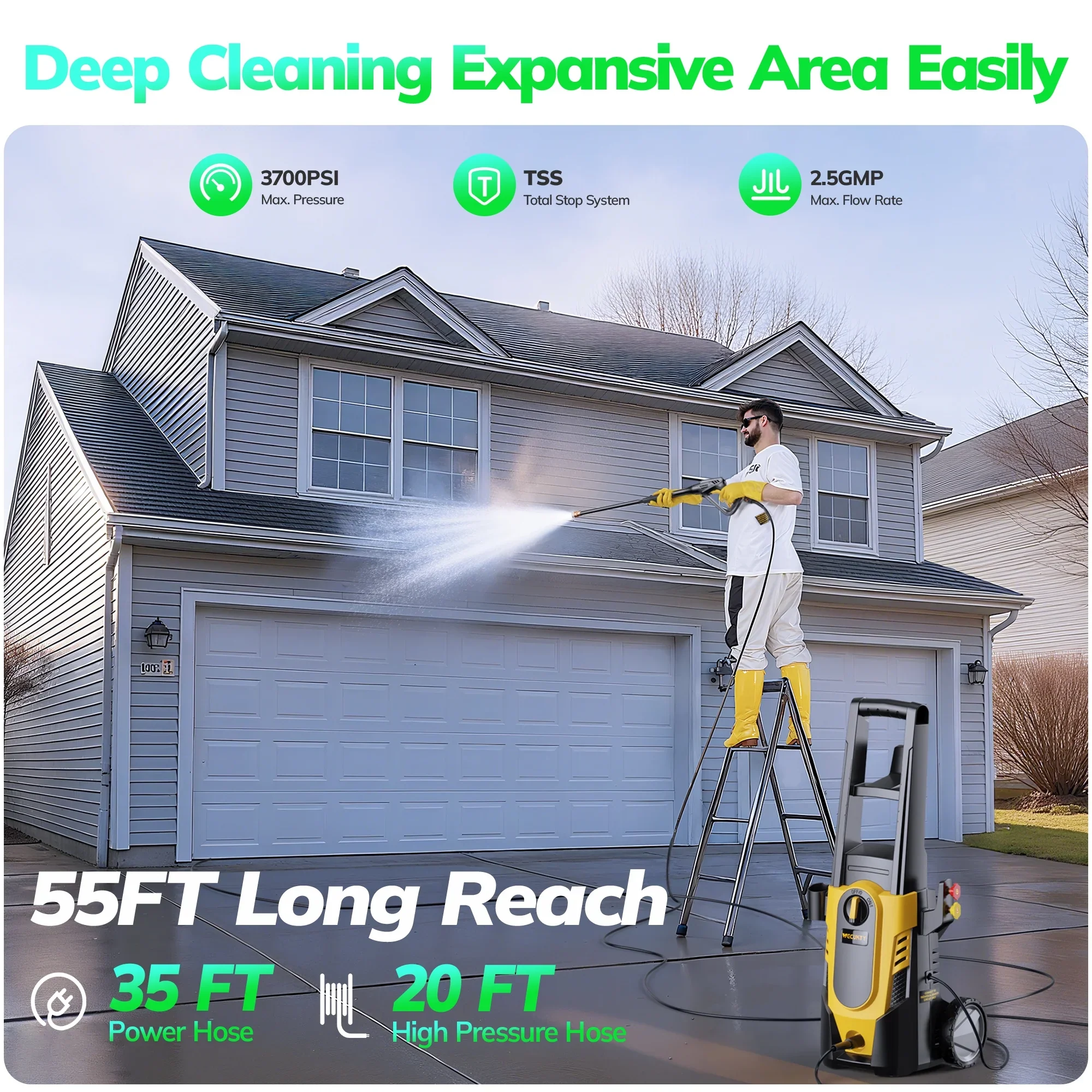 VECUKTY Electric Pressure Washer,3700 PSI Max 2.5 GPM Power Washer with 35FT Cord,20FT Hose,4 Quick Nozzles,Foam Cannon for Car Garden Patio