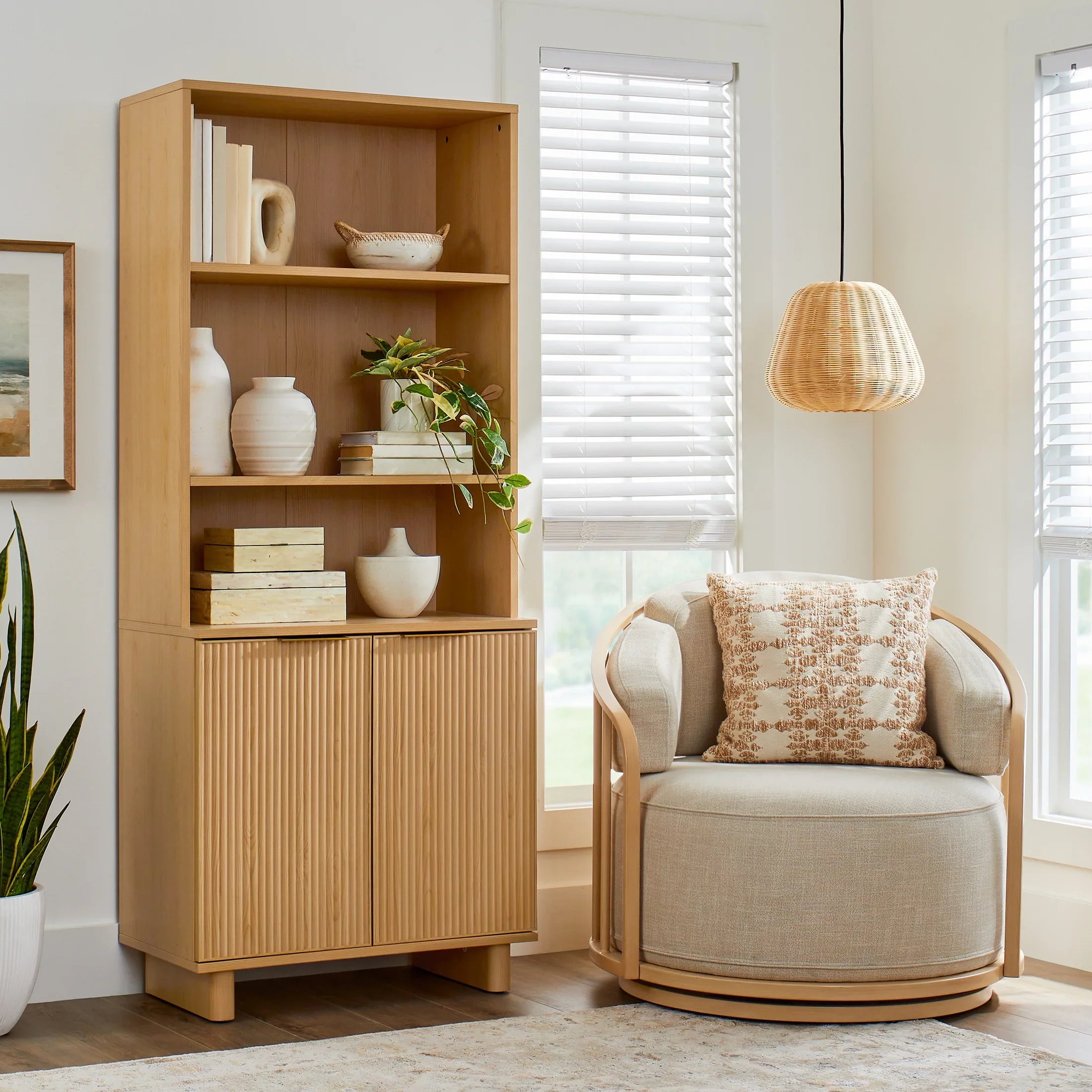 Better Homes & Gardens Lillian Fluted Bookcase with Doors, Natural Pine Finish