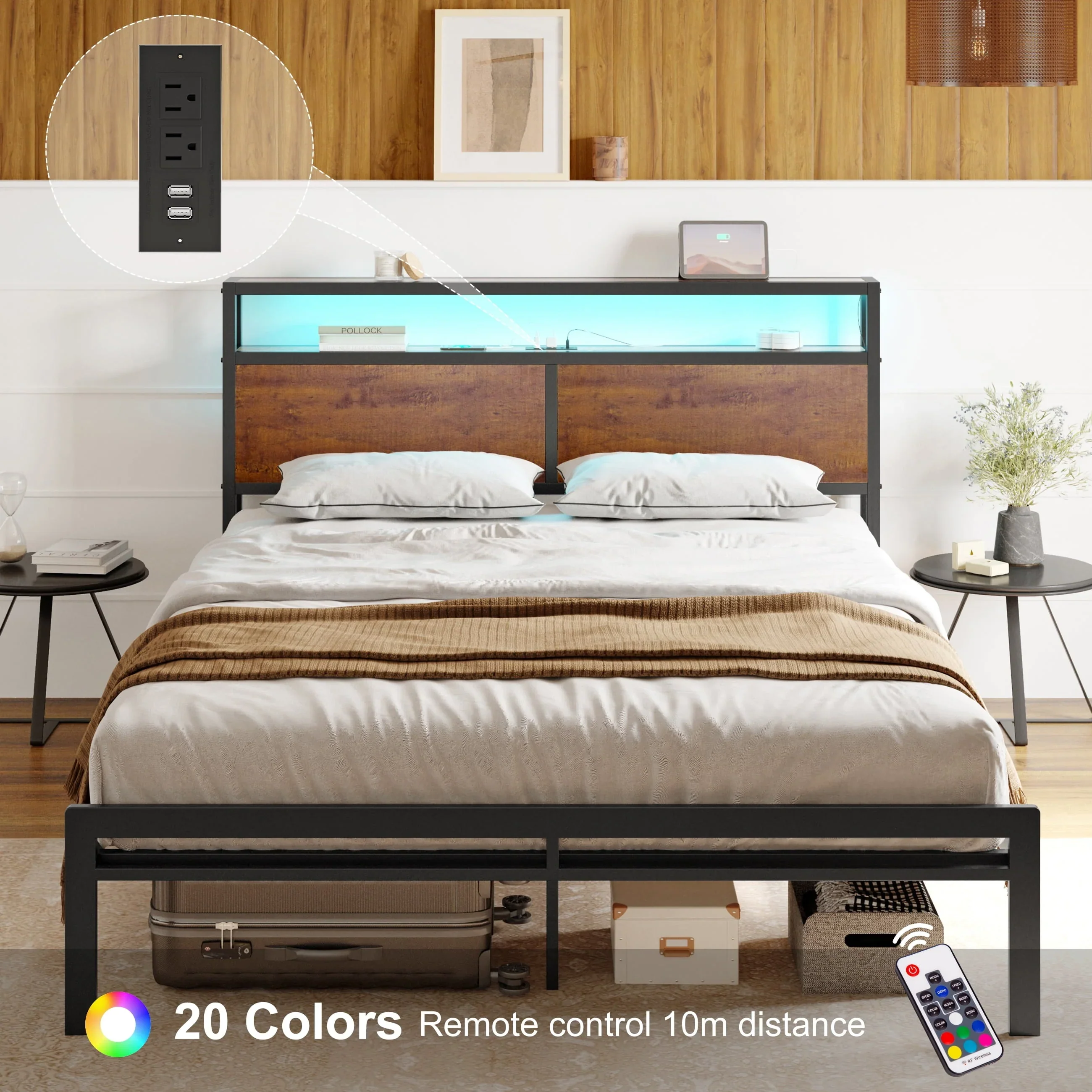 GUNAITO Queen Size Bed Frame with  Wooden Headboard Metal Platform Bed Frame with LED Lights Charging Station Rustic Brown