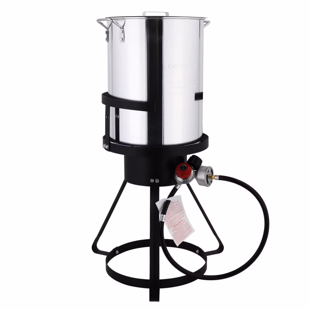 30QT Aluminum Turkey Deep Fryer Pot, Seafood Crawfish Boiler Steamer Pot with 55,000 BTU Propane Gas Burner Stand for Outdoor Cooking, Silver(2-Piece Set)
