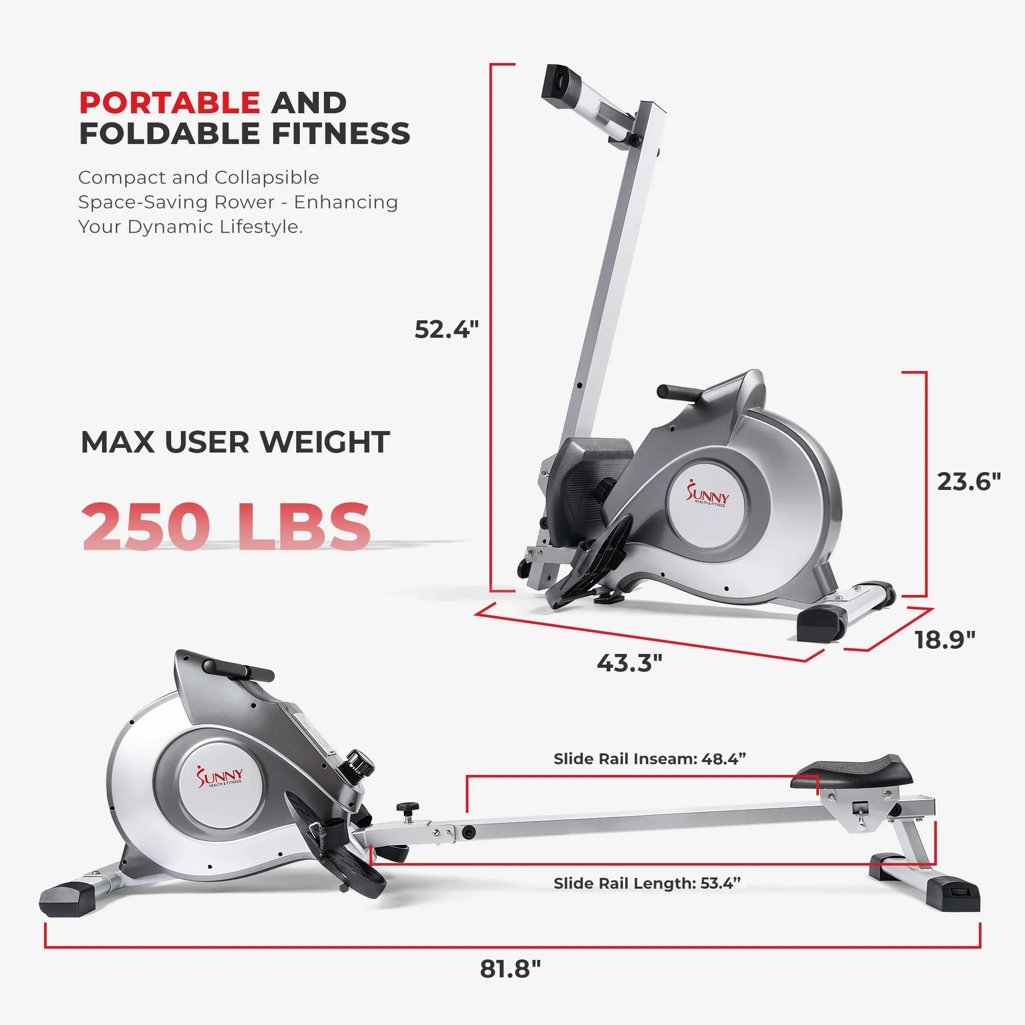 53.4" Extended Slide Rail Magnetic Rowing Machine Rower with Free SunnyFit App Membership SF-RW5515(Gray) - Image 7