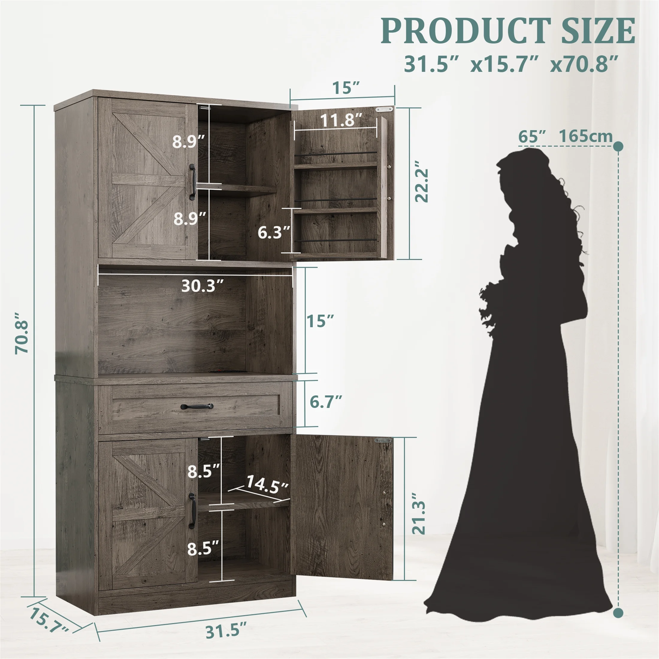 71'' Tall Kitchen Pantry Storage Hutch Cabinet with Doors and Shelves, Grey Oak(71'' Pantry Cabinet(Grey Oak)) - Image 6