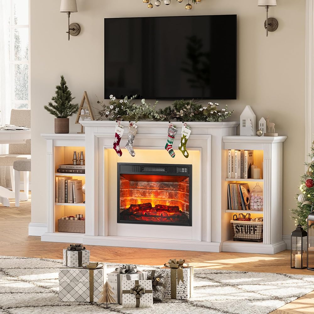 BOSHIRO 72" LED Electric Fireplace TV Stand with Mantel for Living Room