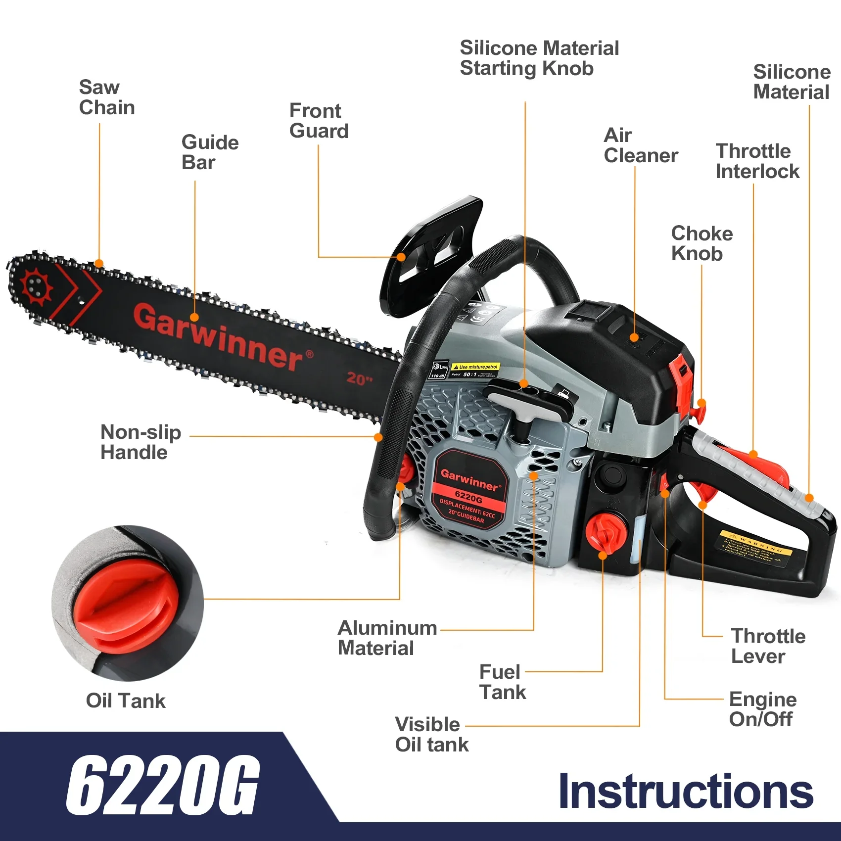 Gas Chainsaw 62CC 20in. 6220G 2 Stroke Gasoline Powered Chain Saws Handheld for Home Garden