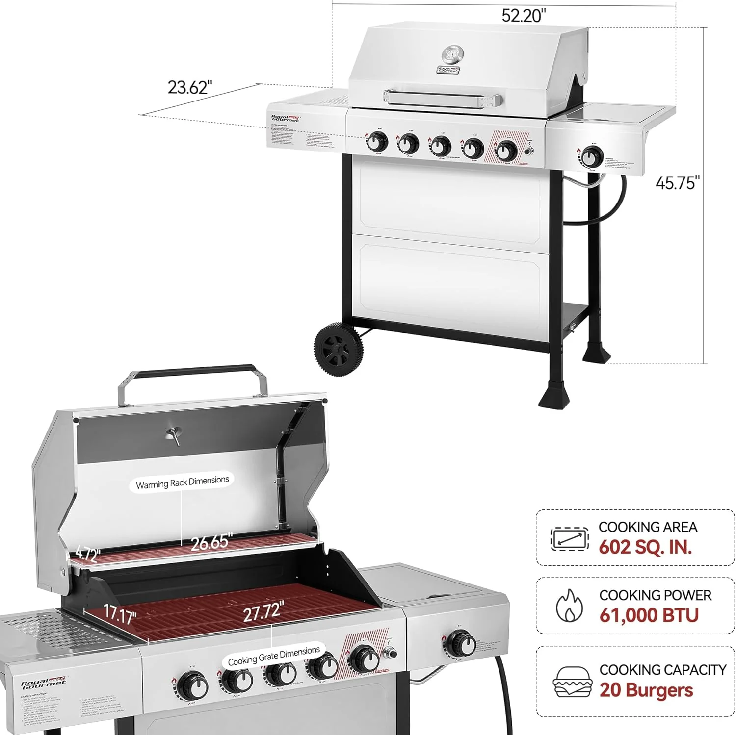 Barbecue à gaz propane Royal Gourmet GA5401T à 5 brûleurs, en acier inoxydable, puissance de 61 000 BTU