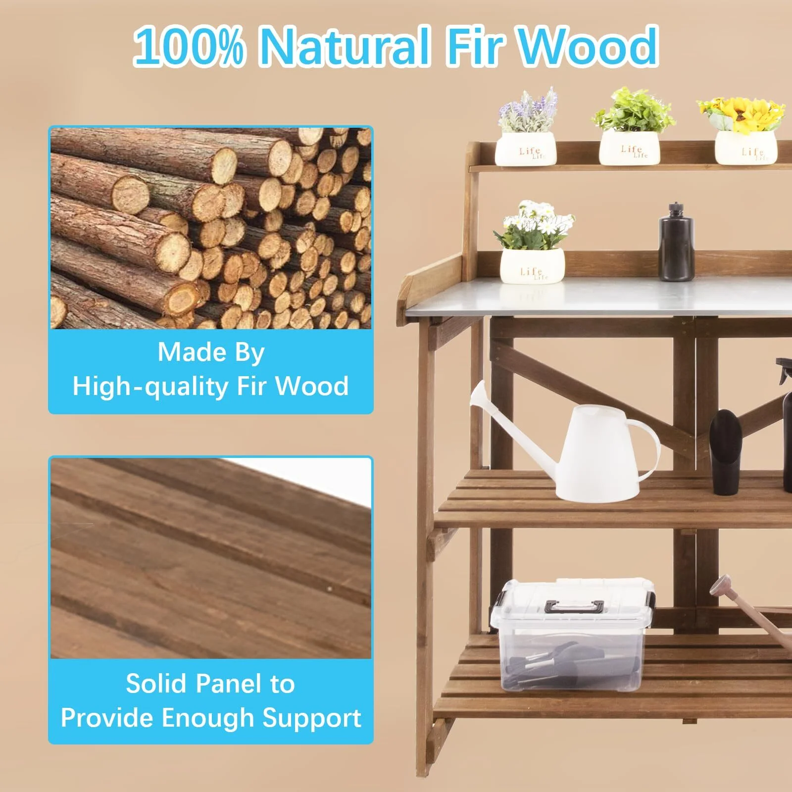 Outdoor Wooden Folding Potting Bench Table, Fir Wood Garden Workstation with Galvanized Tabletop, 2 Tier Storage Shelves, Brown(35"Lx17.3"Wx46"H) - Image 6