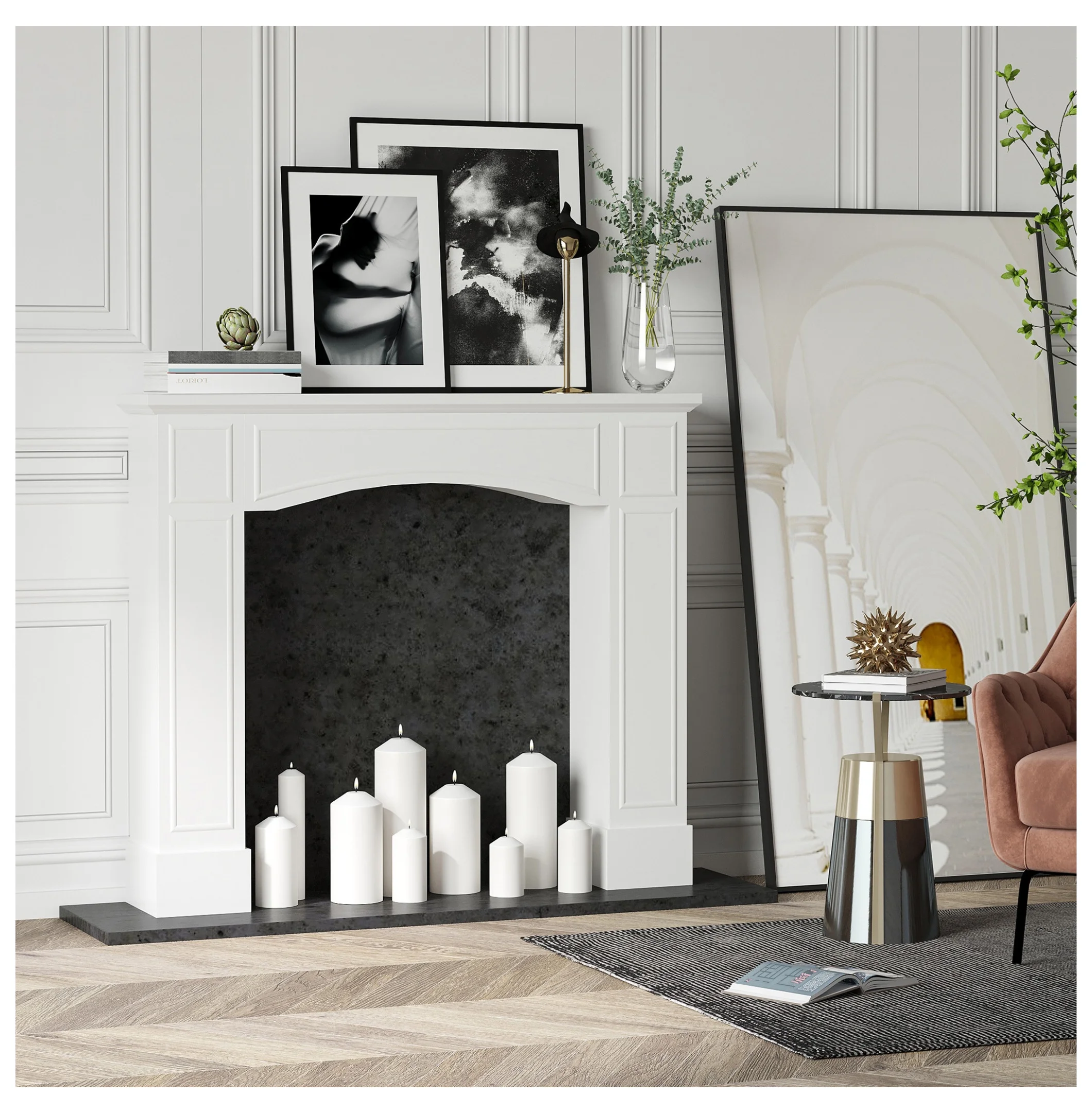 Modern Fireplace Mantel, Surround Mantels for Fireplace with Decorative Pattern Interior Width 29" White - Image 8