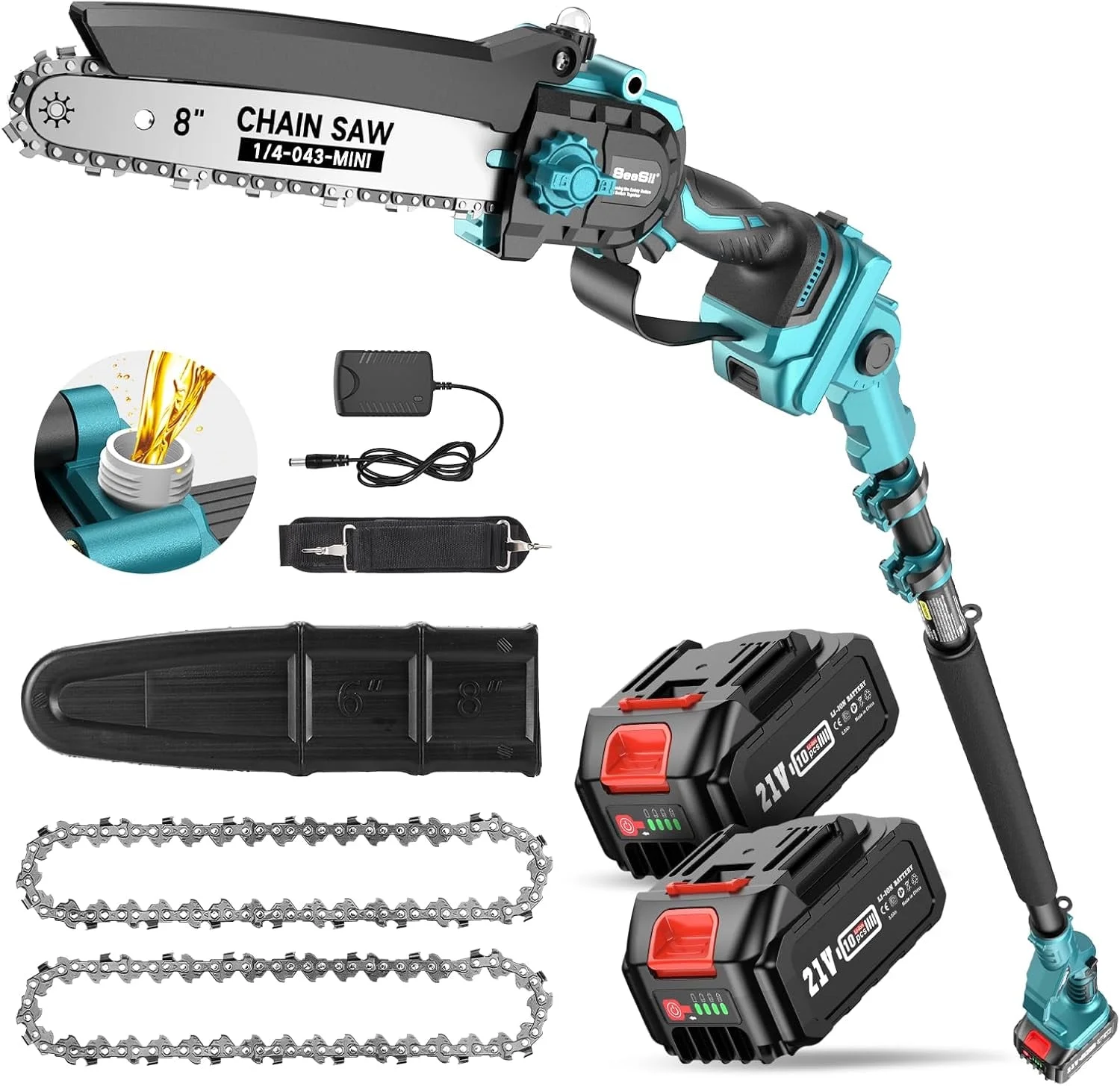 2-in-1 Cordless Pole Saw, 8 Inch Brushless Pole Chainsaws Mini Handheld Chainsaw with 2Pcs 21V Batteries, 2x Chains, Auto Oiler, 16FT MAX Extension Pole Saws for Tree Trimming - Image 10