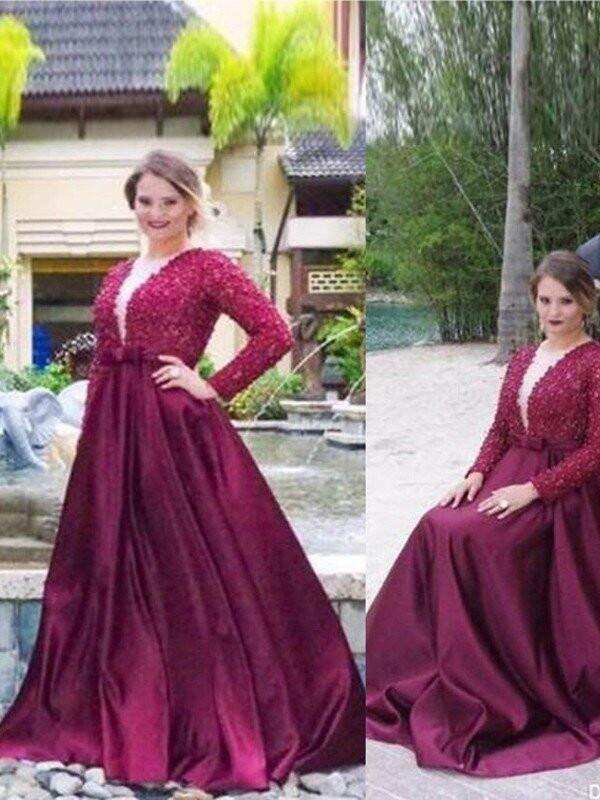 A-Line V-neck Long Sleeves Beading Plus Size Prom Dresses DMF38