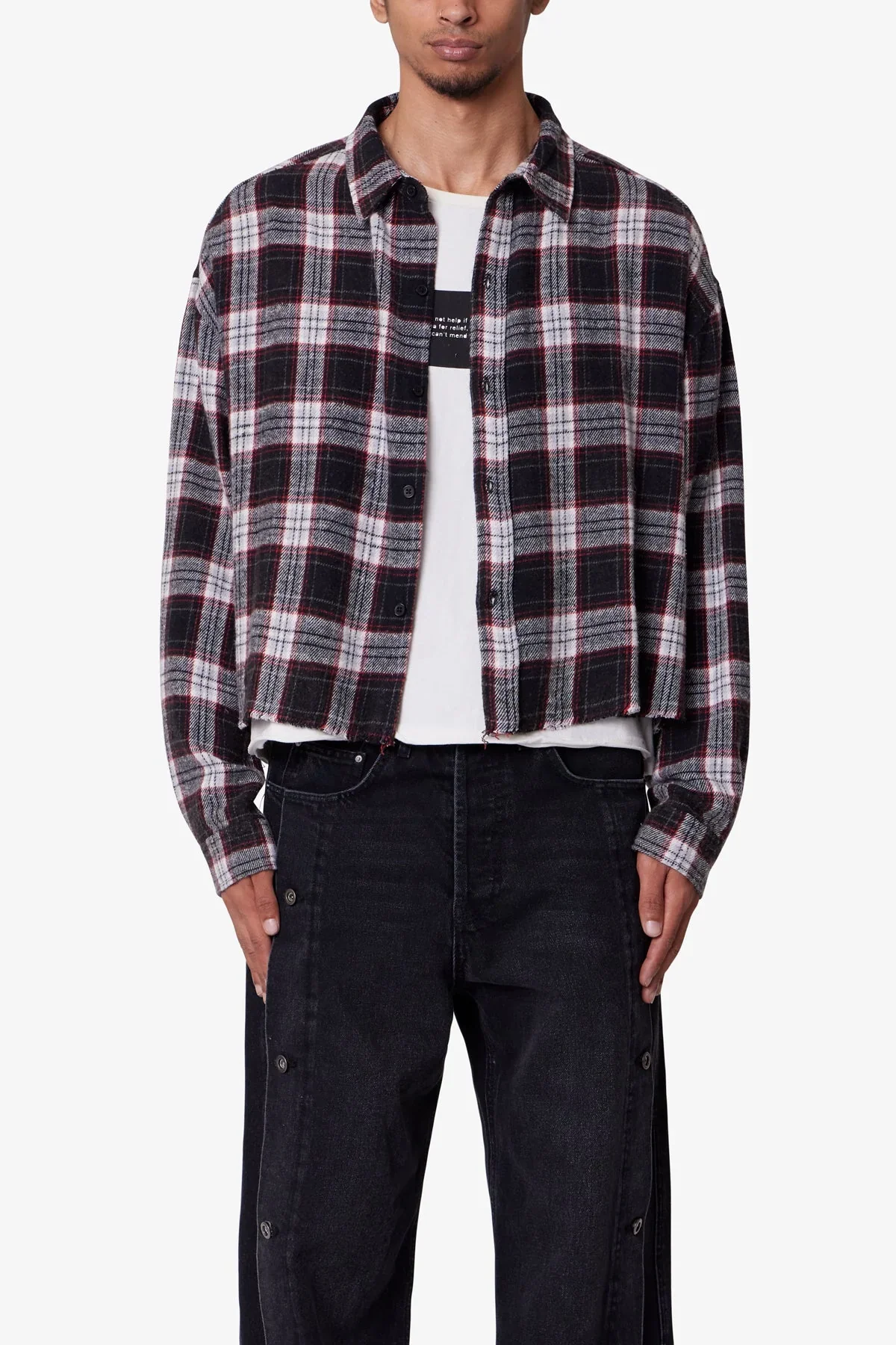 Washed Cropped Flannel Shirt - Black/White