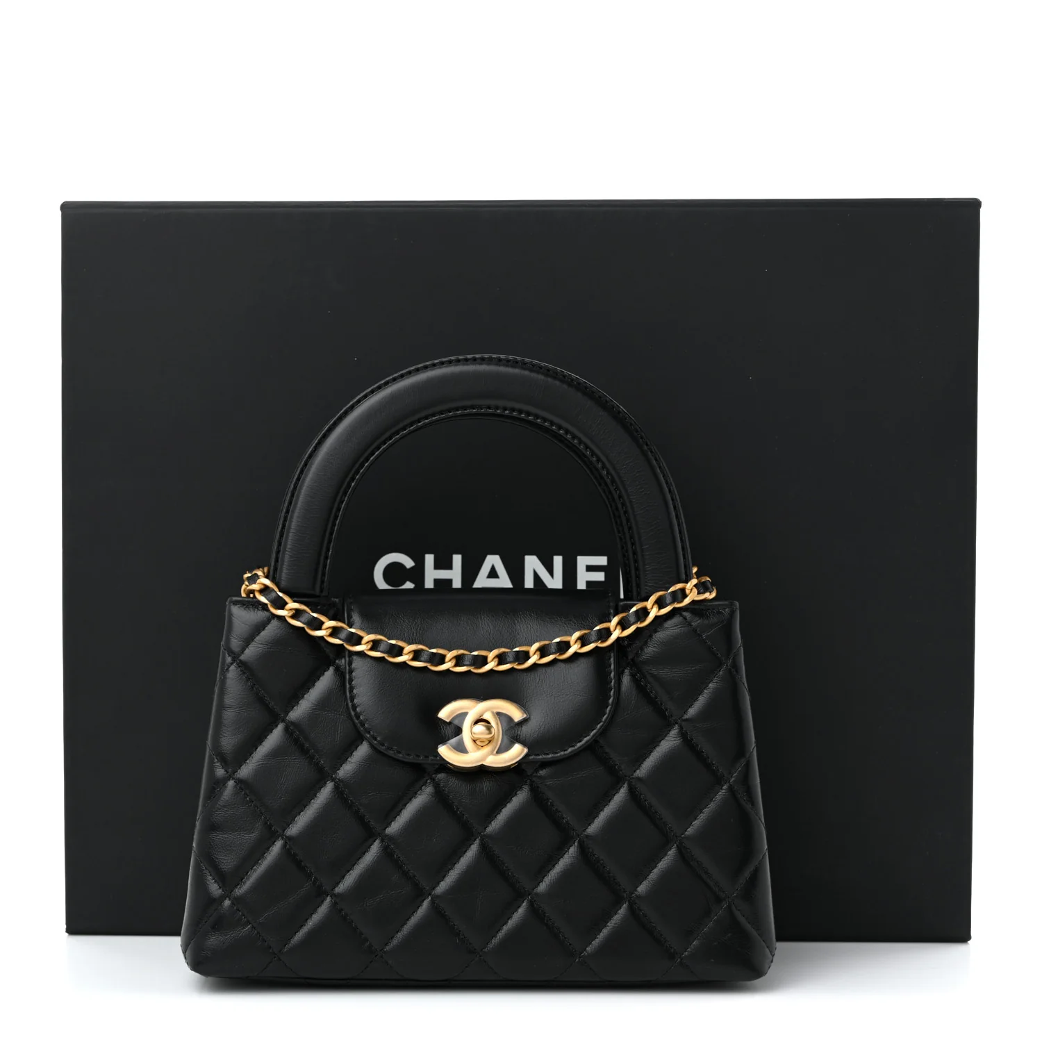 Shiny Aged Calfskin Quilted Nano Kelly Shopper Black