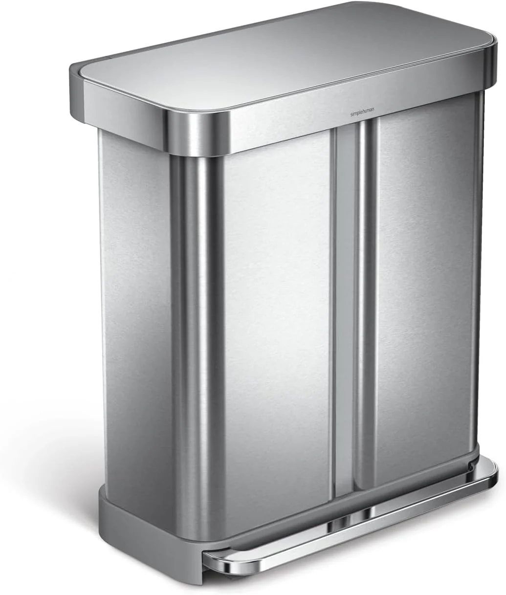 58L Brushed Stainless Steel Dual-Compartment Kitchen Recycling Bin with Soft-Close Lid