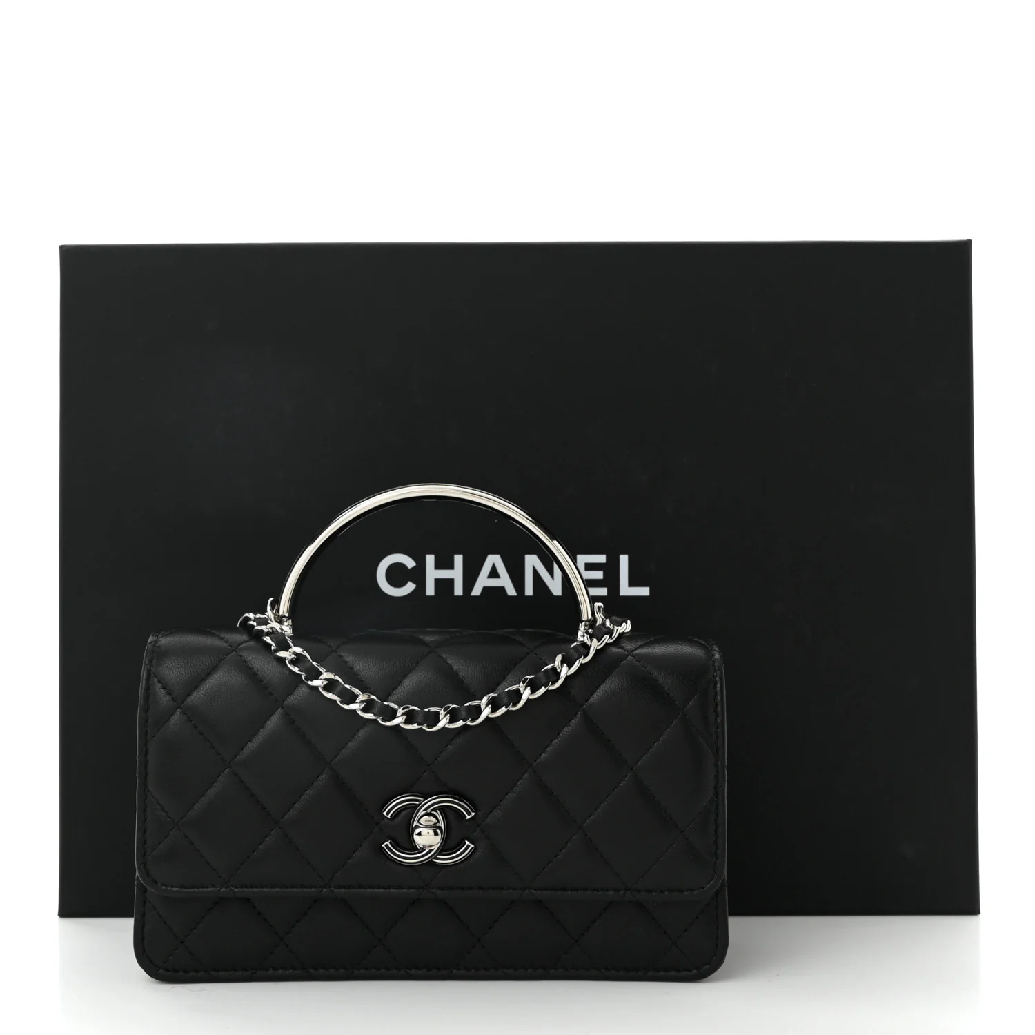 Lambskin Quilted Metal Top Handle Crossbody Flap Black