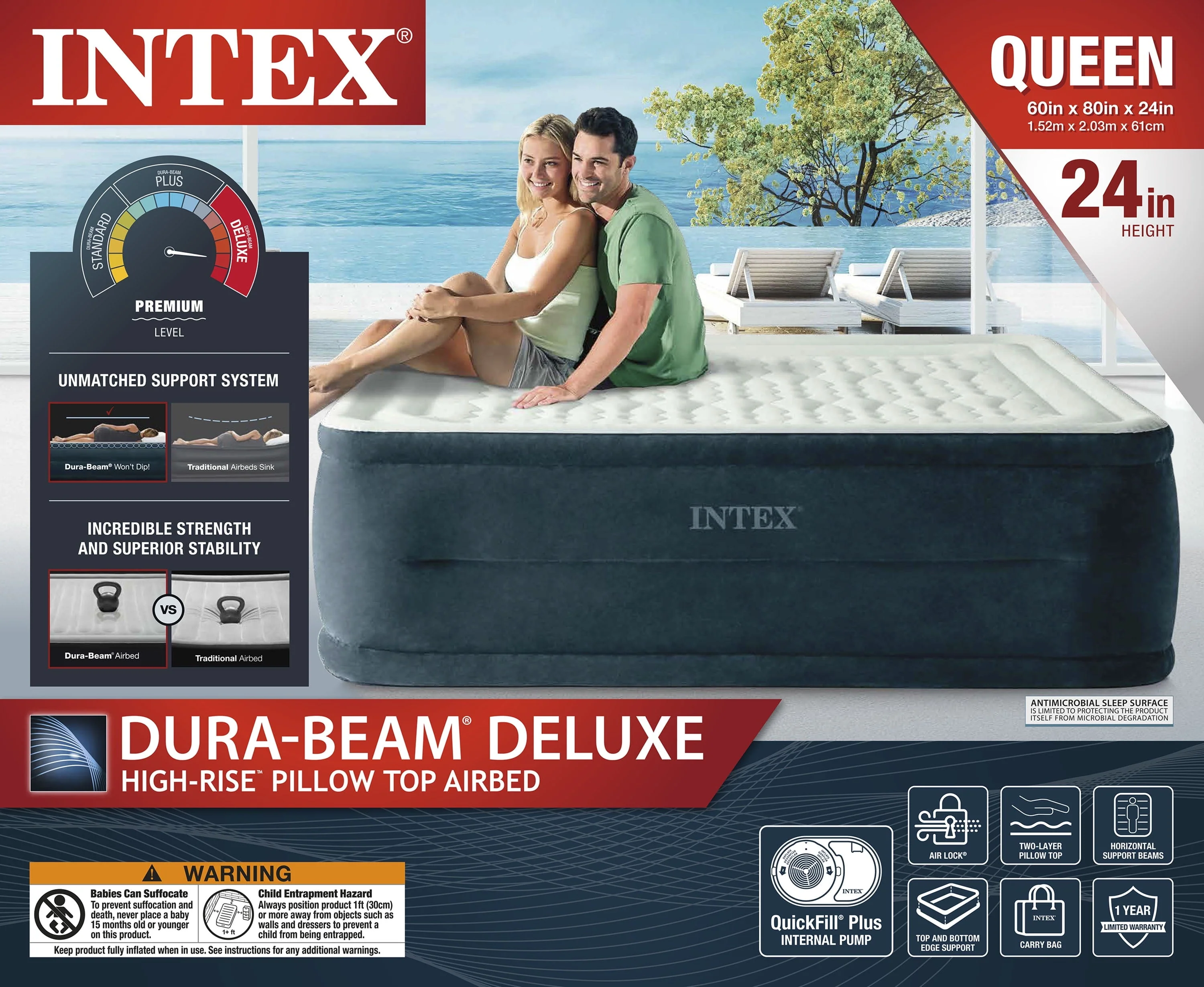 24" Dream Lux Pillow Top Dura-Beam Airbed Mattress with Internal Pump Queen(Full) - Image 8