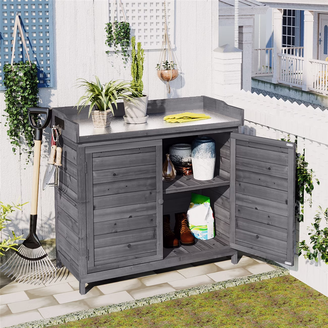 Outdoor Potting Bench, 39 Rustic Garden Console Table with 2-Tier Shelves and Side Hook, Wooden Workstation with Metal Tabletop Surface and 2 Doors for Park, Mudroom, Backyard, Gray