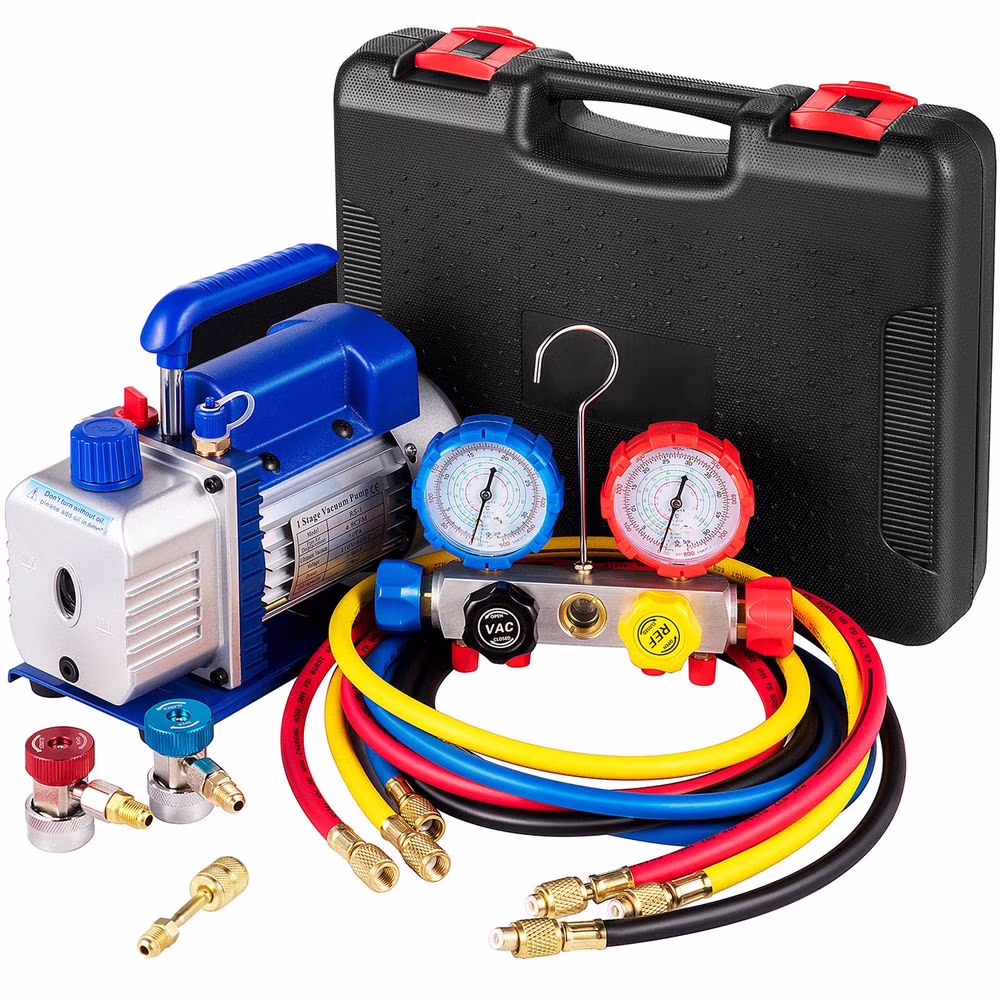 Vacuum Pump 4.8CFM 1/3 HP Single Stage HVAC A/C Refrigeration Kit 5PA Ultimate Vacuum Manifold Gauge Set R410A R134A R22 HVAC AC, 4 - Way Manifold Gauge and Hose for Air Conditioning Systems