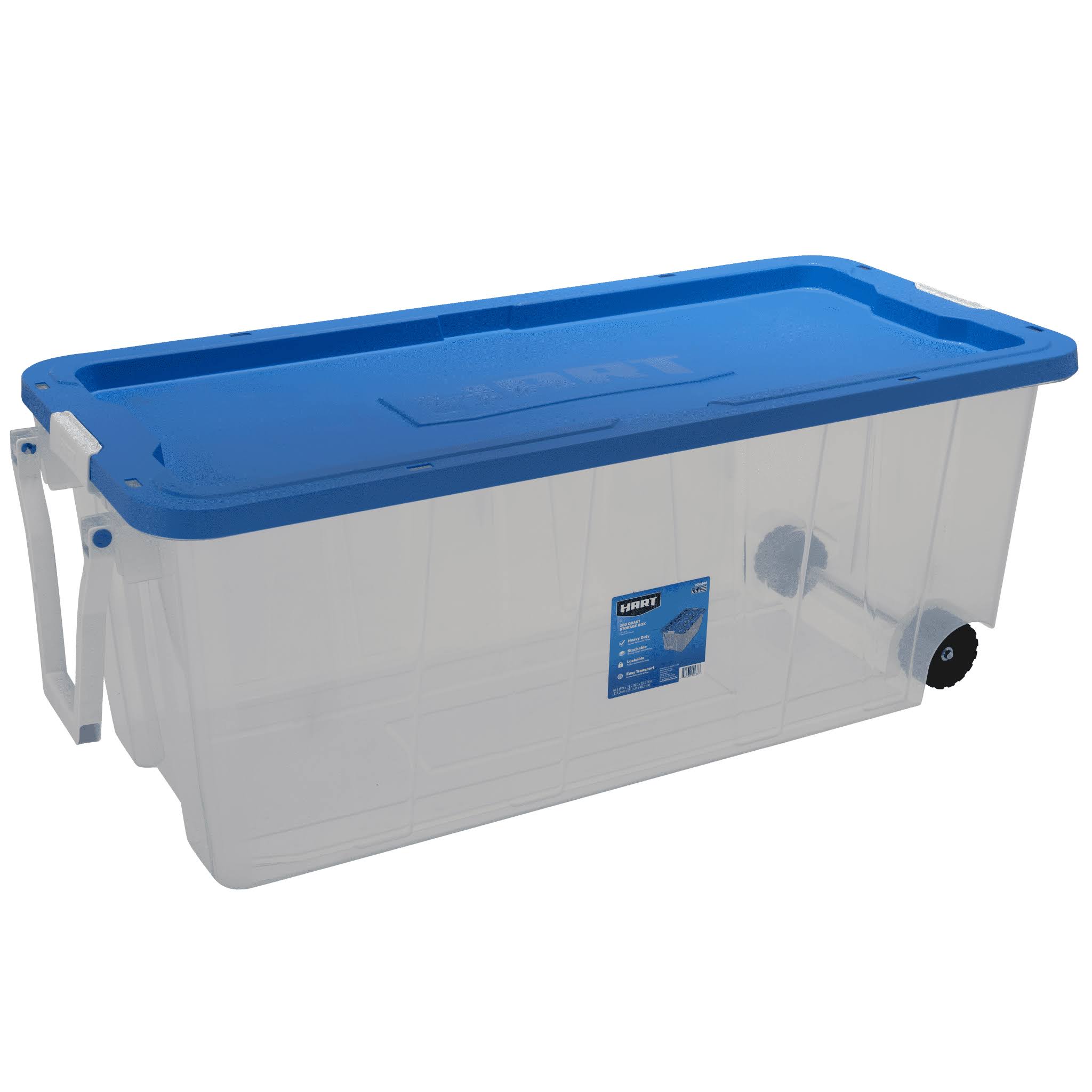 Hart 200 Quart Latching Rolling Plastic Storage Bin Container W. Pull Handle, Clear