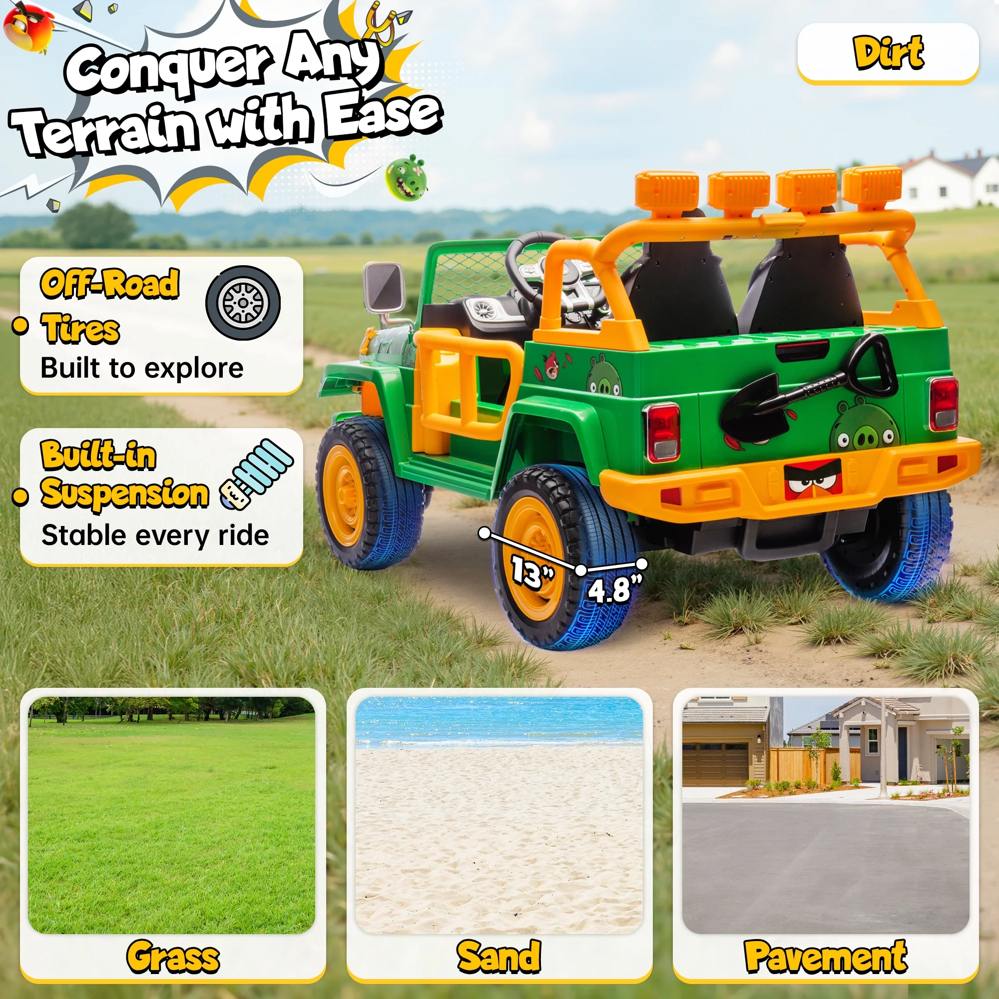 24 Volt Ride on Toys for Big Kids, Licensed Angry Birds Ride on Truck with Remote, 2 Seater 4WD Electric Ride ons with Shovel, Bluetooth, Lights, Power Car Wheels for 3-8, 130lbs, Green(Green) - Image 8