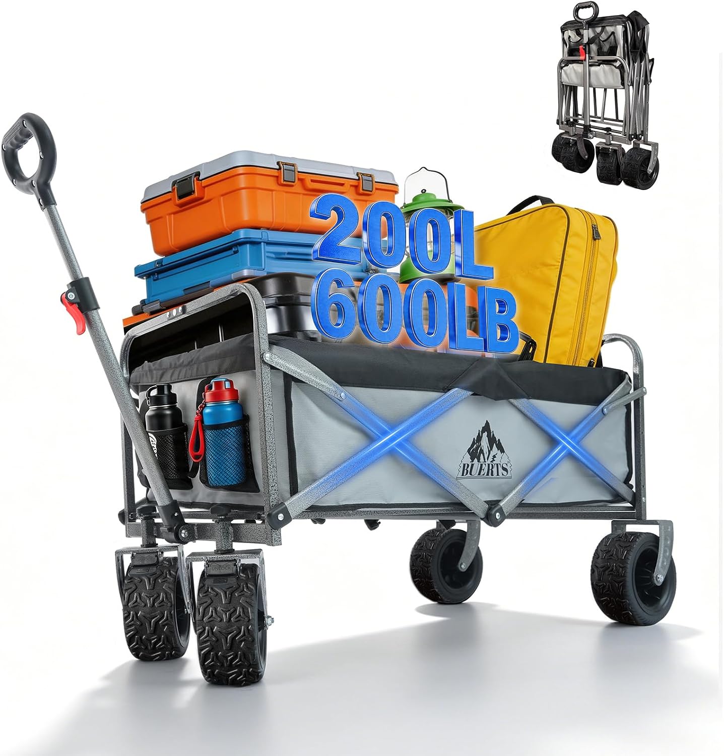 Collapsible Wagon - 600LBS Heavy-Duty Large Capacity Foldable Utility Cart, Oversized All-Terrain Wheels, 3-Second Quick Fold Beach Wagon for Camping, Gardening, Beach & Backcountry Trip