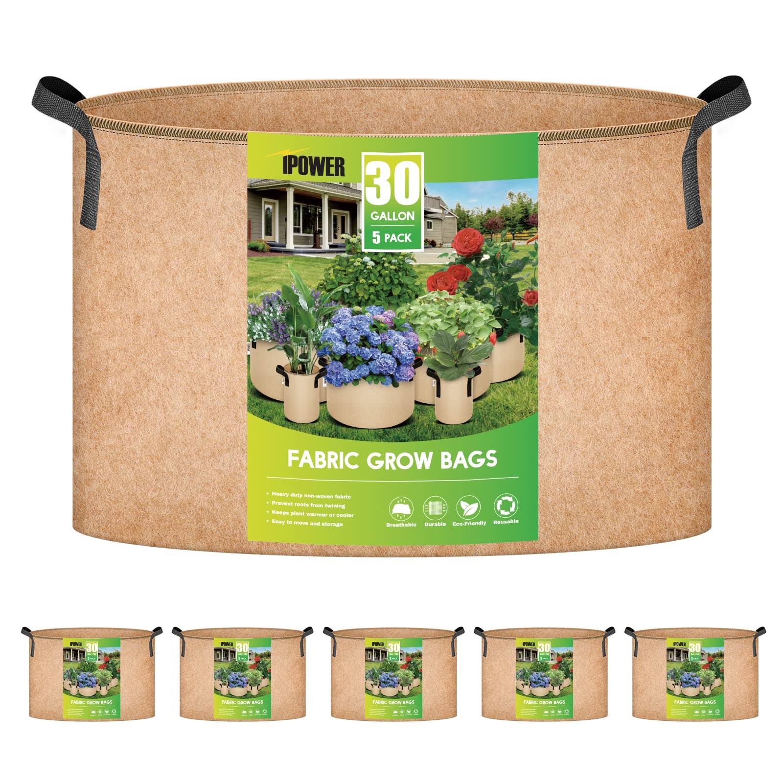 iPower 5-Pack 30 Gallon Plant Grow Bags Thickened Nonwoven Aeration Fabric Pots Heavy Duty Durable Container, Strap Handles for Garden, Tan