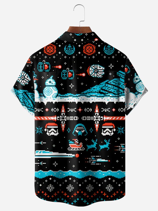 Chemise décontractée à manches courtes avec poche poitrine et motif de dessin animé de Noël