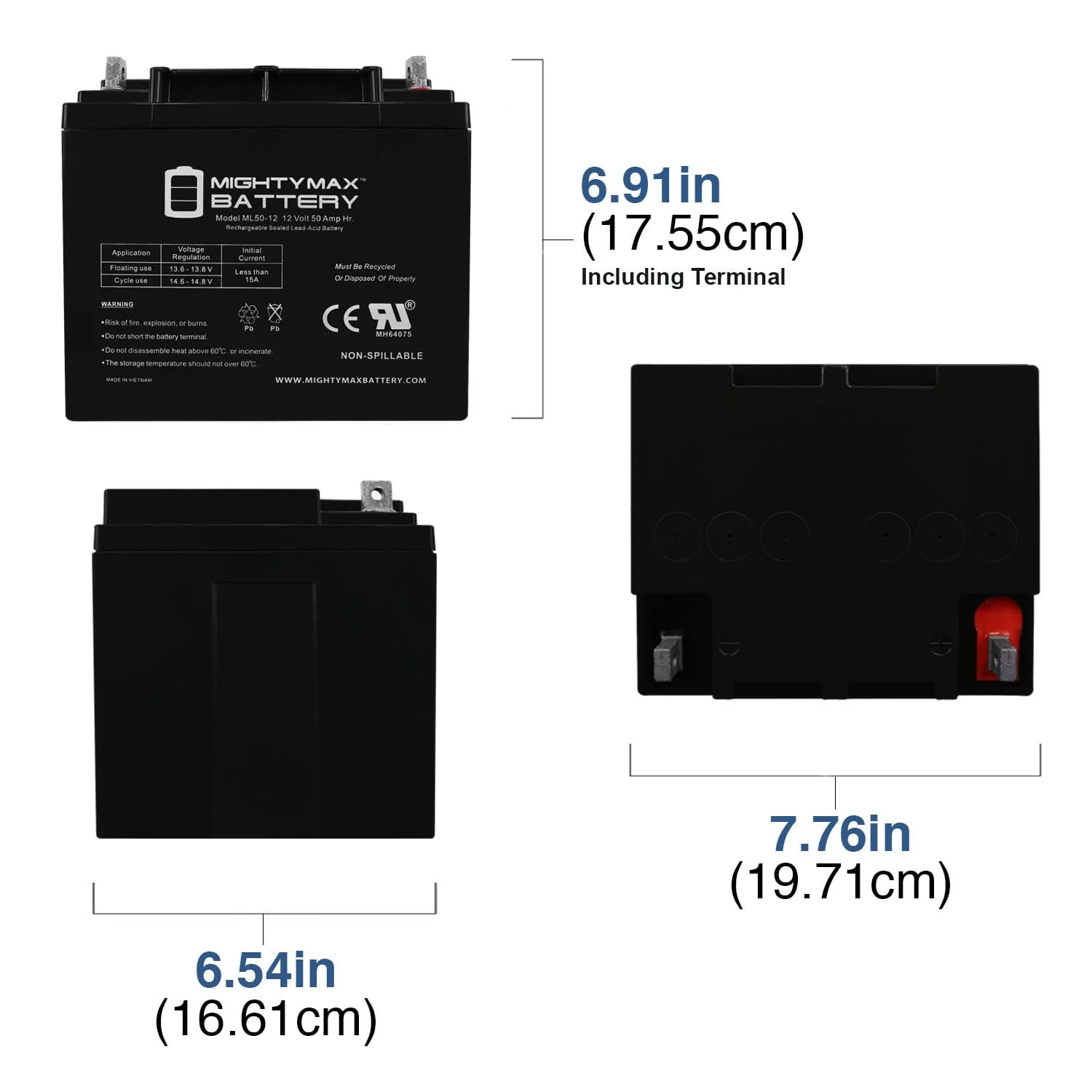 ML50-12 -12 Volt 50 AH, Nut and Bolt (NB) Terminal, Rechargeable SLA AGM Battery - Image 2