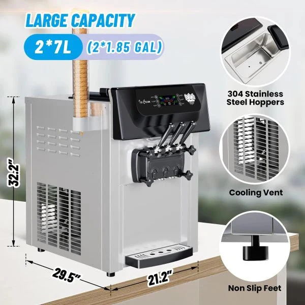 2200W Commercial Ice Cream Machine, 3 Flavor Soft Serve Ice Cream Machine, 5.3-7.4 Gal/hr, with Lcd Touch Screen, Automatic Cleaning, High…