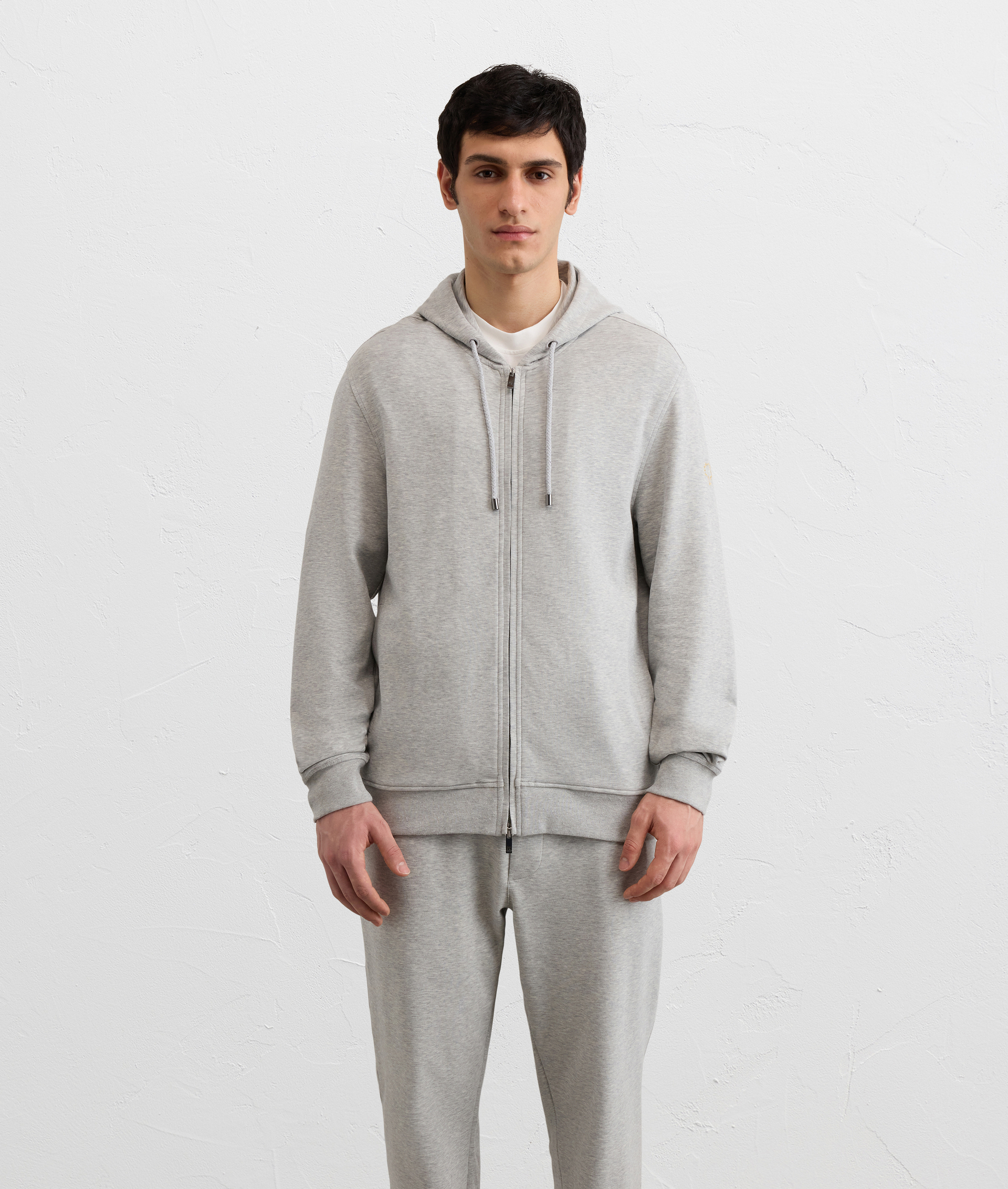 LIGHT GREY PEACH EFFECT COTTON HOODIE WITH ZIP AND EMBROIDERY