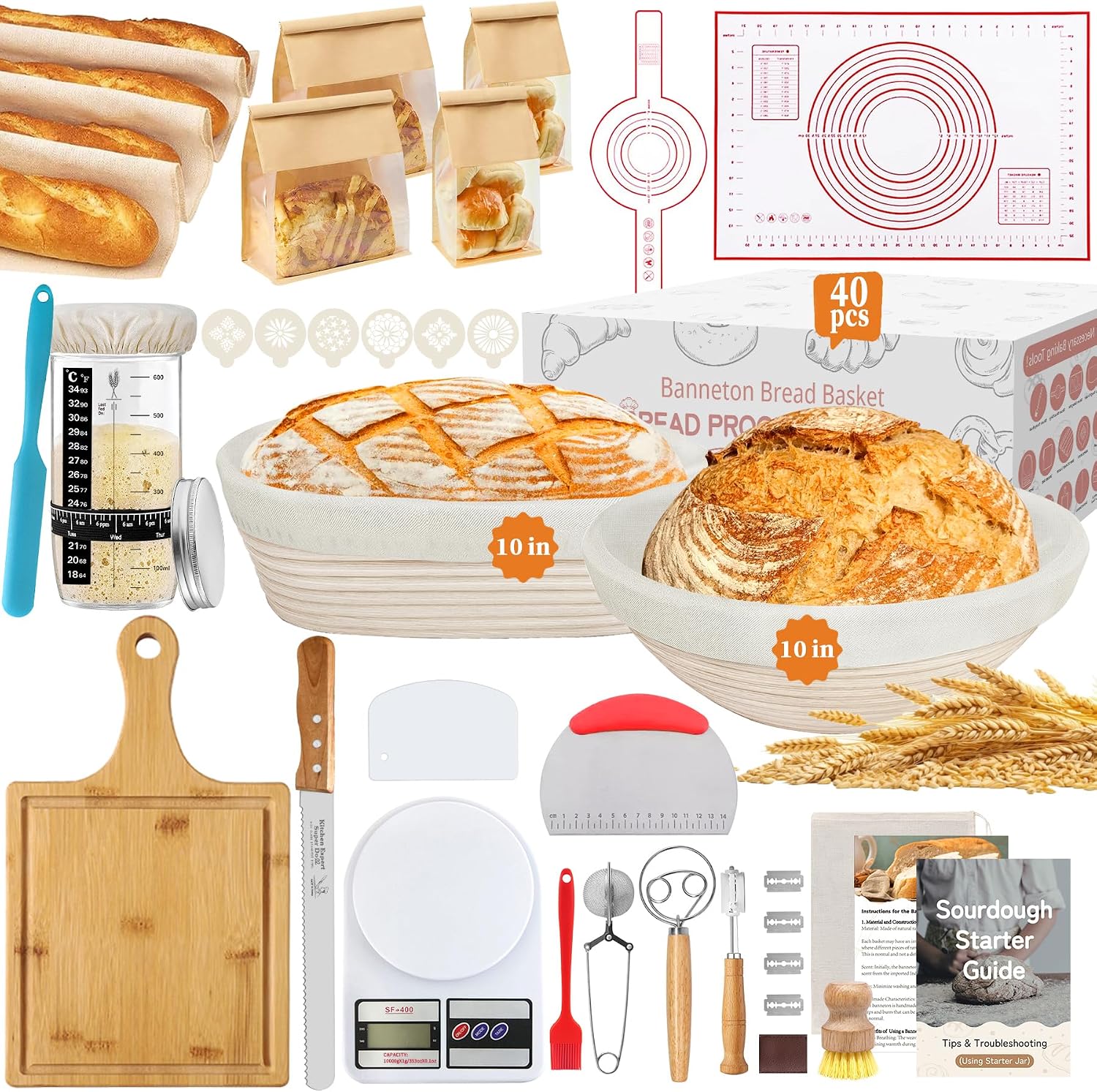 Aliggbent 38Pcs Sourdough Bread Baking Supplies – 11'' Oval & 10'' Round Cotton Rope Banneton Bread Proofing Baskets with Liners & Covers, Sourdough Starter Jar Kit, Scale, Bags & Bread Making Tools