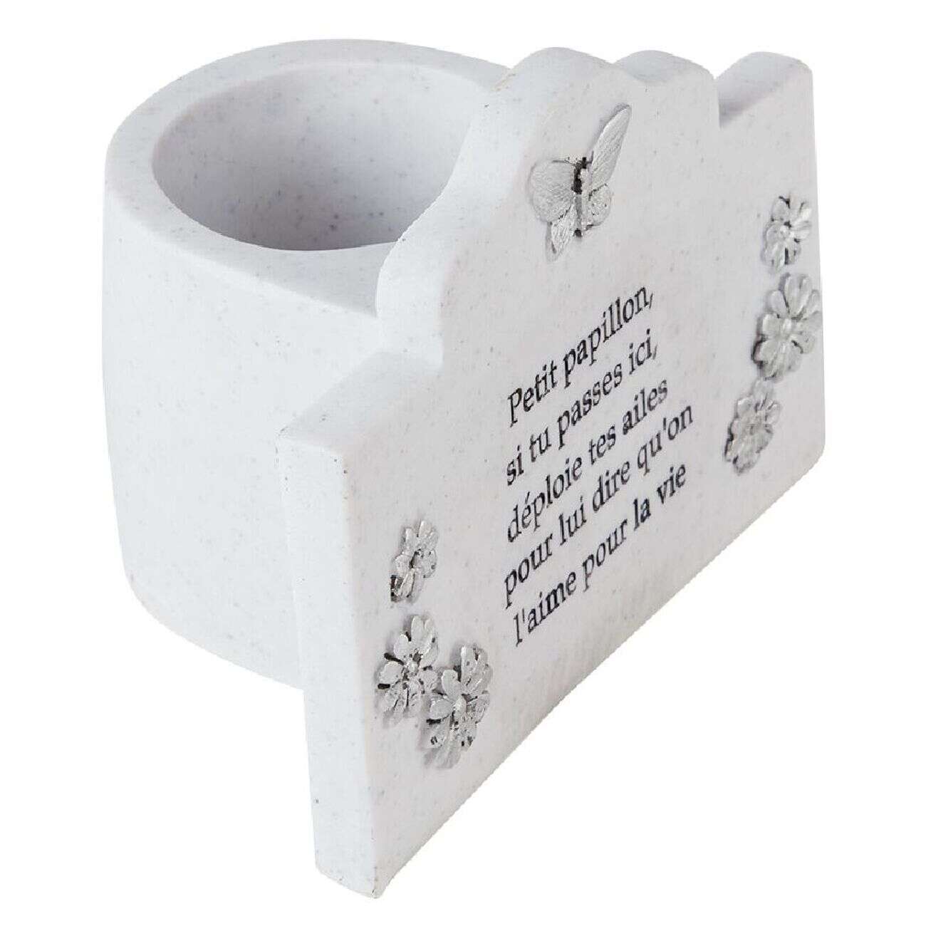 Plaque funéraire + pot de fleur motif fleur papillon résine blanc
