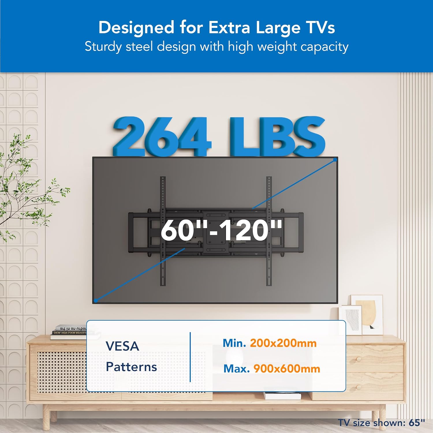 Mount-It! Heavy Duty XXL Full Motion TV Wall Mount for Extra Large TVs  max VESA 900x600  Holds up to 264lb  Swivel Tilt Extension Adjustable TV Mount for 60