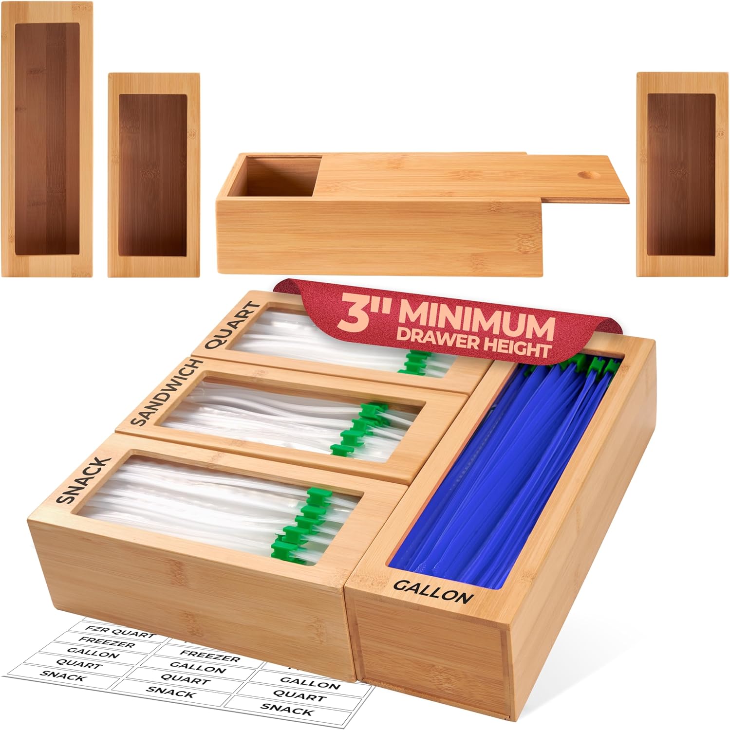 Bamboo Bag Organizer for Drawer, 4 Blocks, Plastic Bag Storage Holder