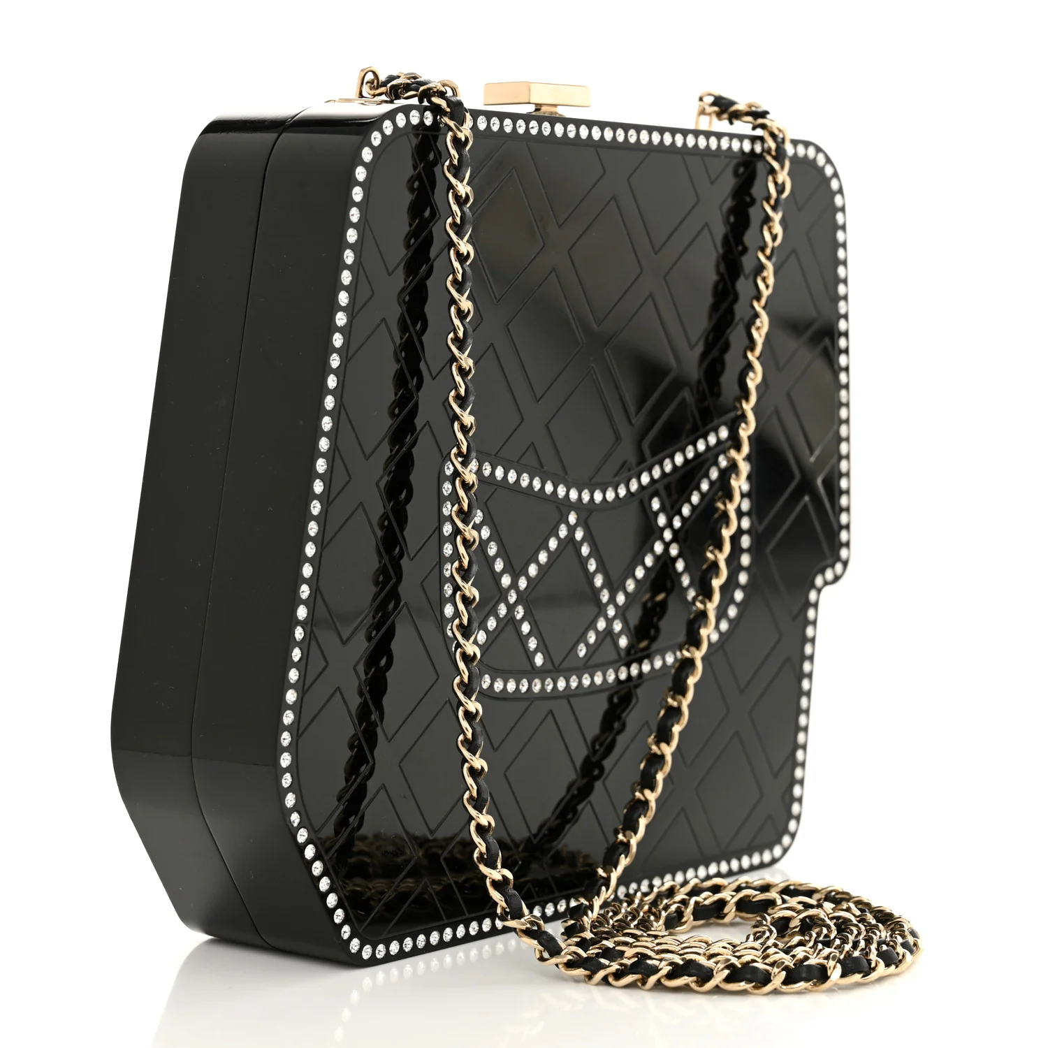 Plexiglass Crystal Quilted Minaudiere Clutch Black White