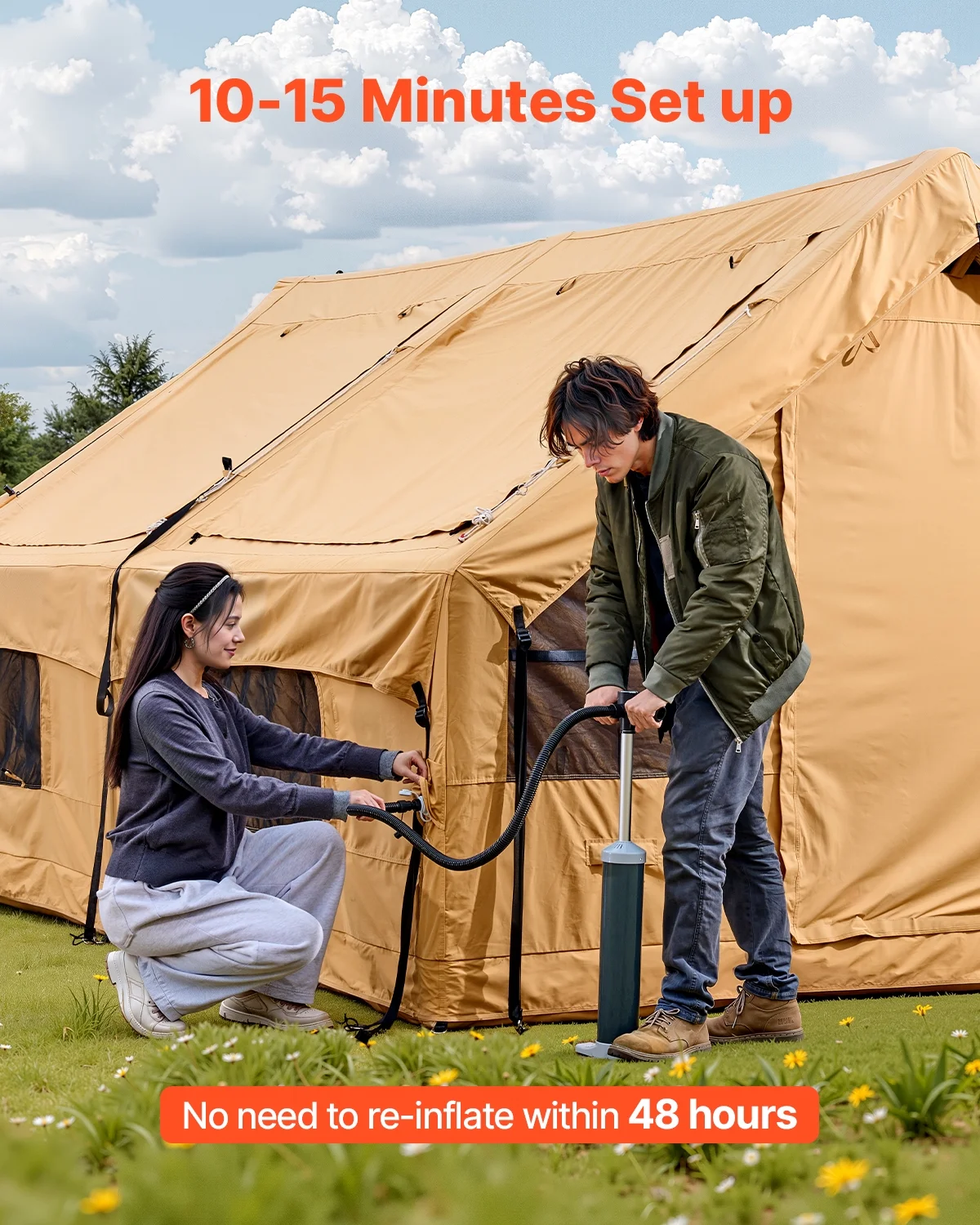 Inflatable Tents for Camping,8-12 Person Easy Setup Blow up Tent with Hand Pump,4 Season Luxury Glamping Tent with 2 Skylights, Canopy,Stove Jack, 2 Doors Mesh Windows(Include Storage Bag) - Image 4