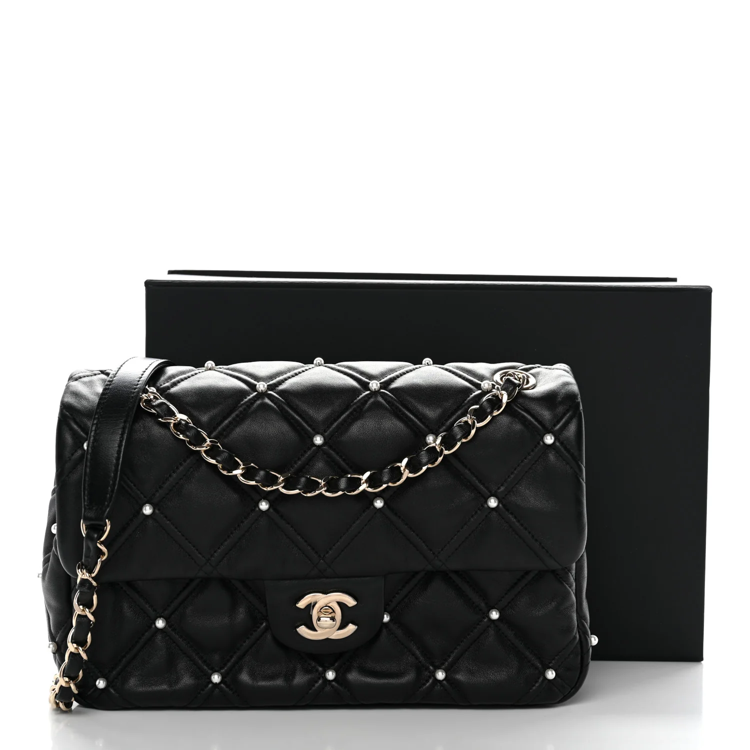 Lambskin Quilted Pearl Studded Flap Black