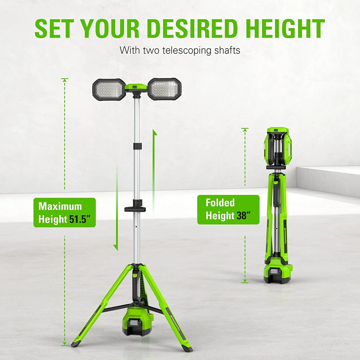 Greenworks 24V Standing Light Kit, LED Tripod Light with 2Ah Battery and 2A Charger