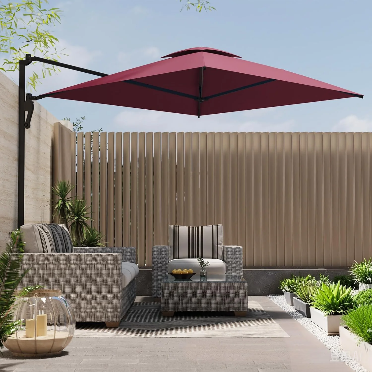 AECOJOY 10ft Cantilever Patio Umbrella, Large Rectangle Umbrella 180° Rotation Offset, Red