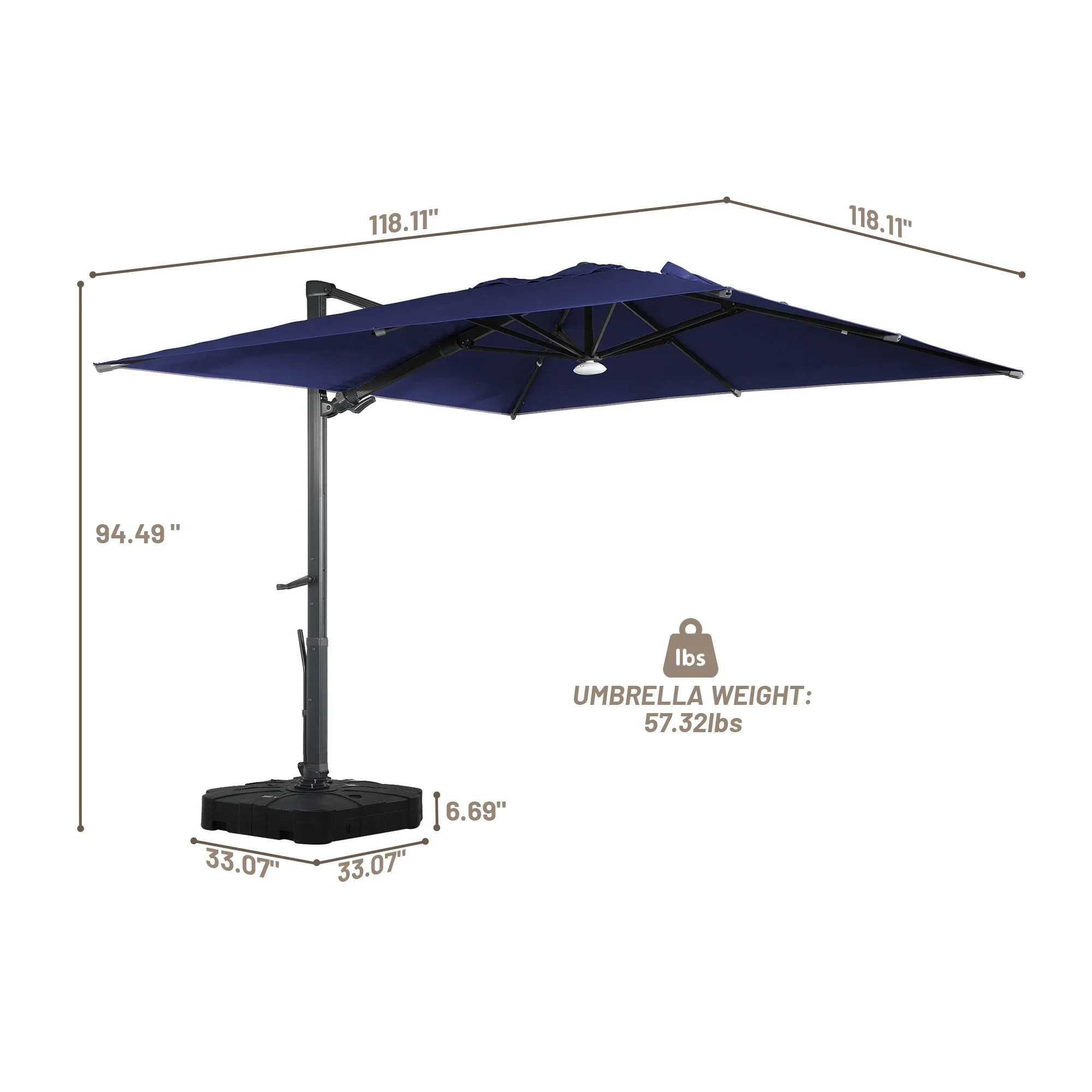 Boyel Living Cantilever Outdoor Patio Umbrellas, with Bluetooth Ambient Light & Base, Offset Square Umbrella for Pool Deck Garden Backyard, Navy Blue