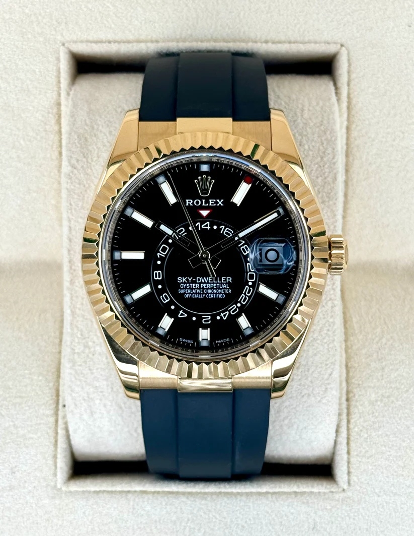 [Super Clone]RLX  Sky-Dweller 42mm Yellow Gold Black Dial Oysterflex - 336238