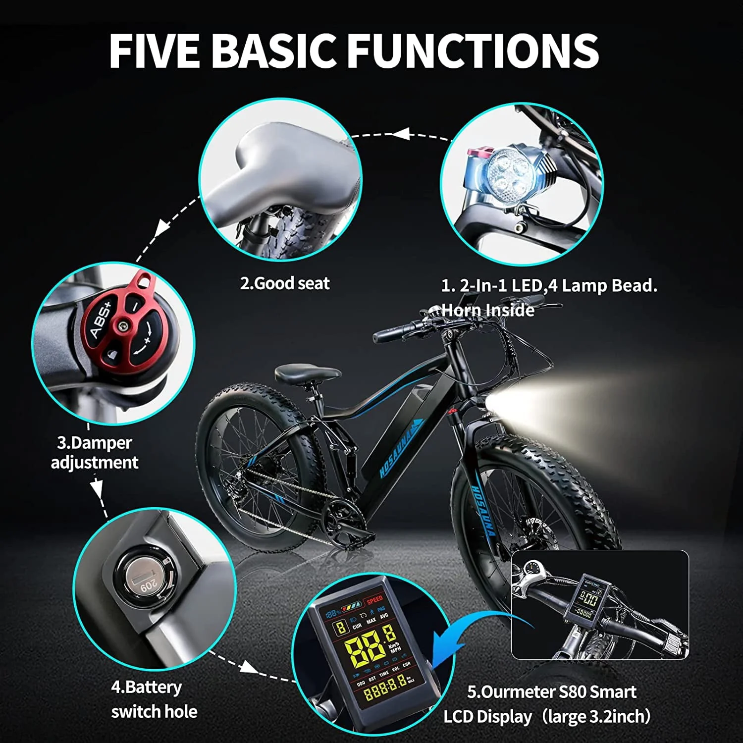 Electric Bike Electric Mountain Bike 500W Ebike26'' Fat Tire Ebike, 28+MPH Adults Ebike with Removable 48V 15ah Battery, Shimano 6 - Speed Black