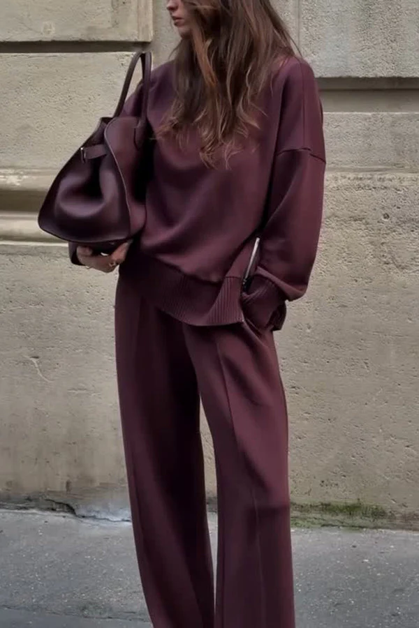 Ensemble sweat-shirt col roulé douillet et pantalon à poches décontracté