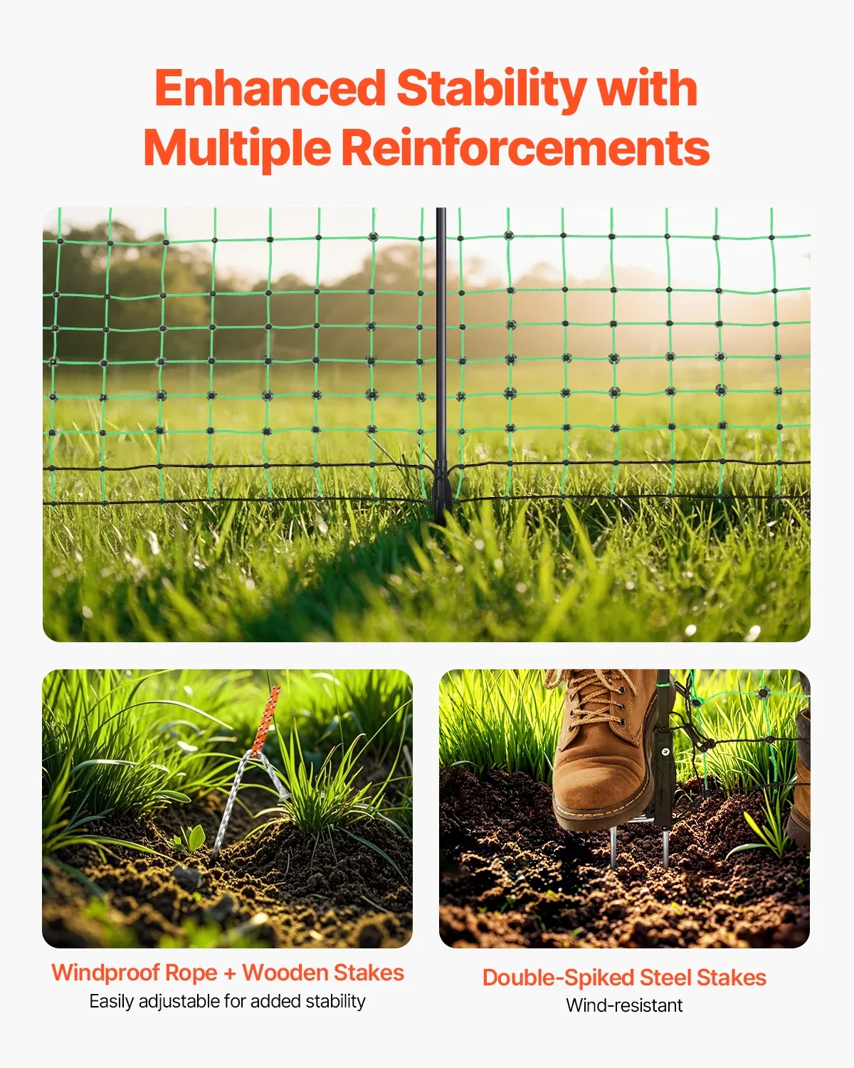 KFFKFF Powered Mesh Barrier, 35 Height x 164' Length, PE Grid Barrier with Poles & Twin-Pronged Pegs, Handy Movable Netting for Goats, Sheep, Lambs, Deer, Hogs, Dogs, Suitable for Home Gardens, Farm